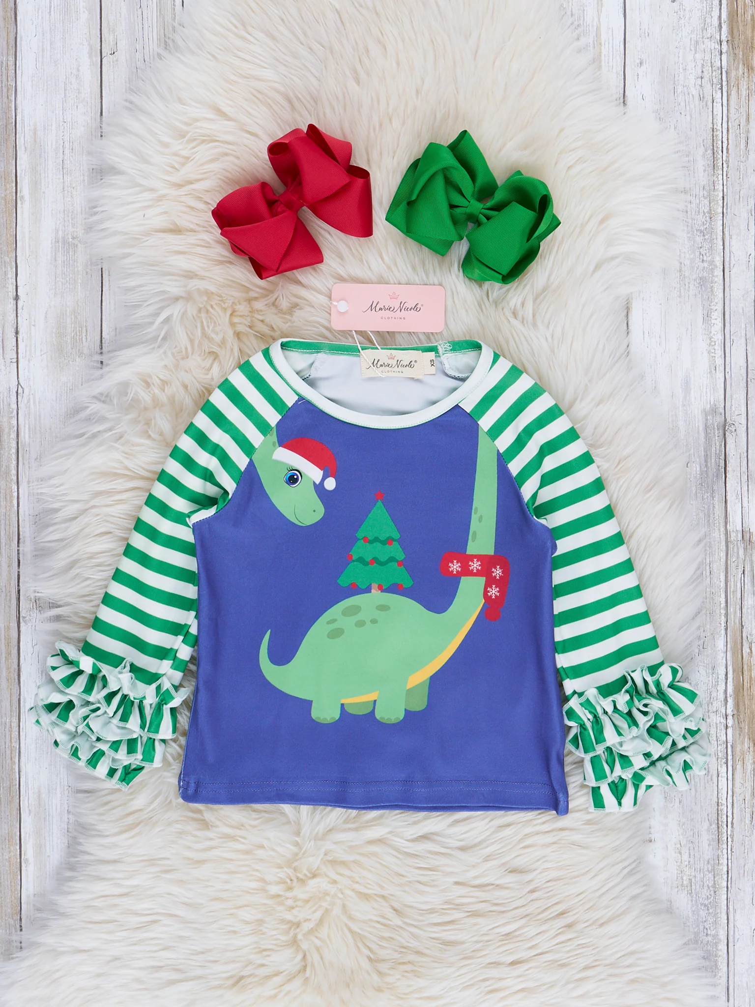 Blue & Green Holiday Dino Striped Ruffle Top
