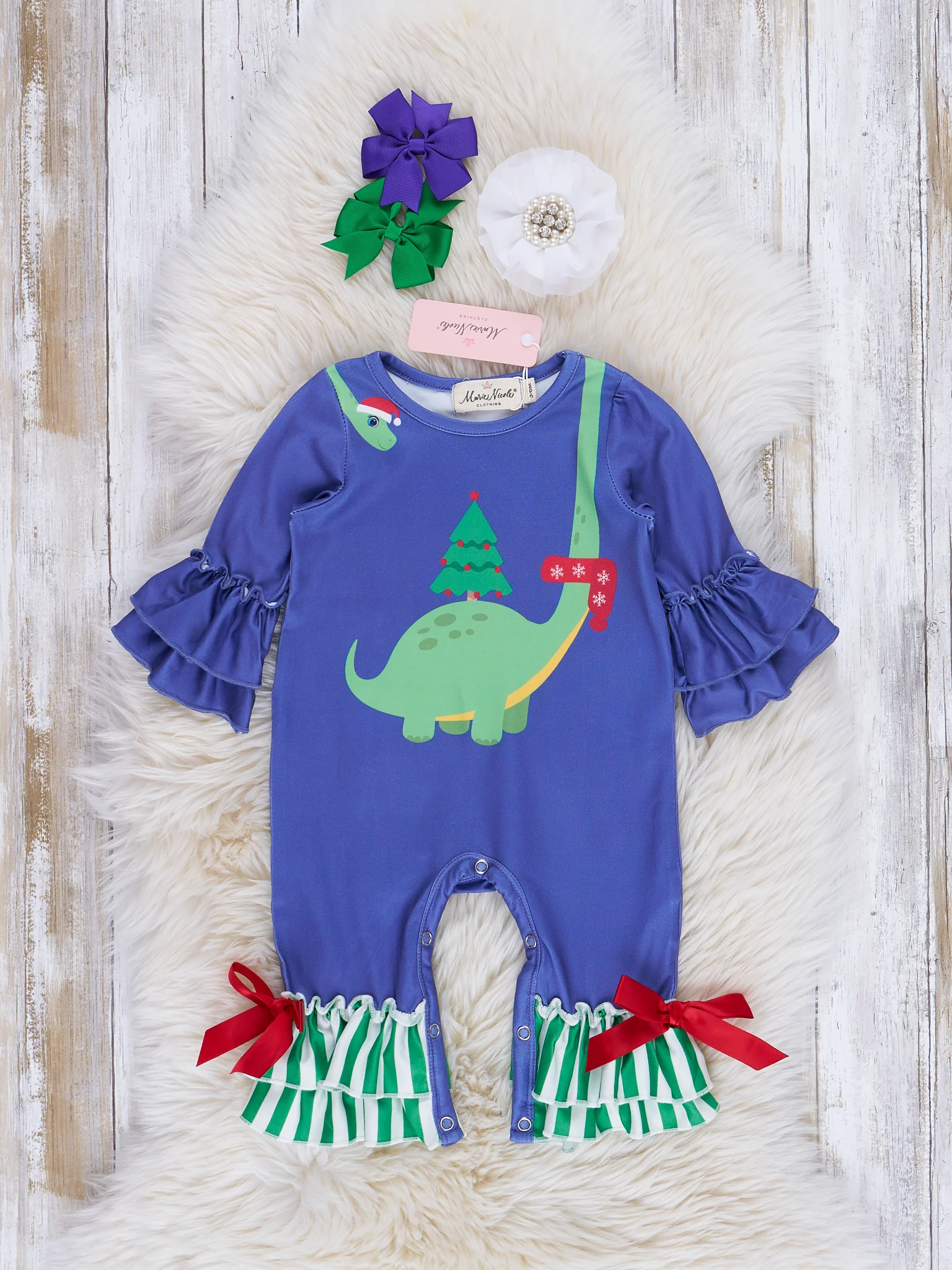 Blue & Green Holiday Dino Striped Ruffle Romper
