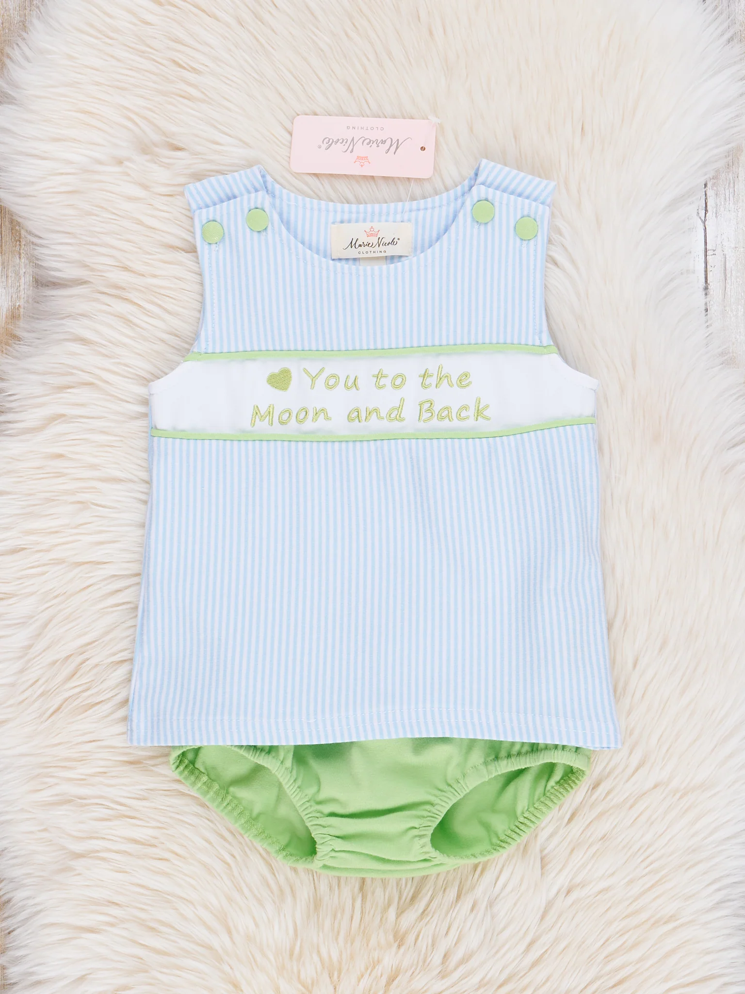 Blue & Green Striped "Moon & Back" Bloomers Outfit - Image 2