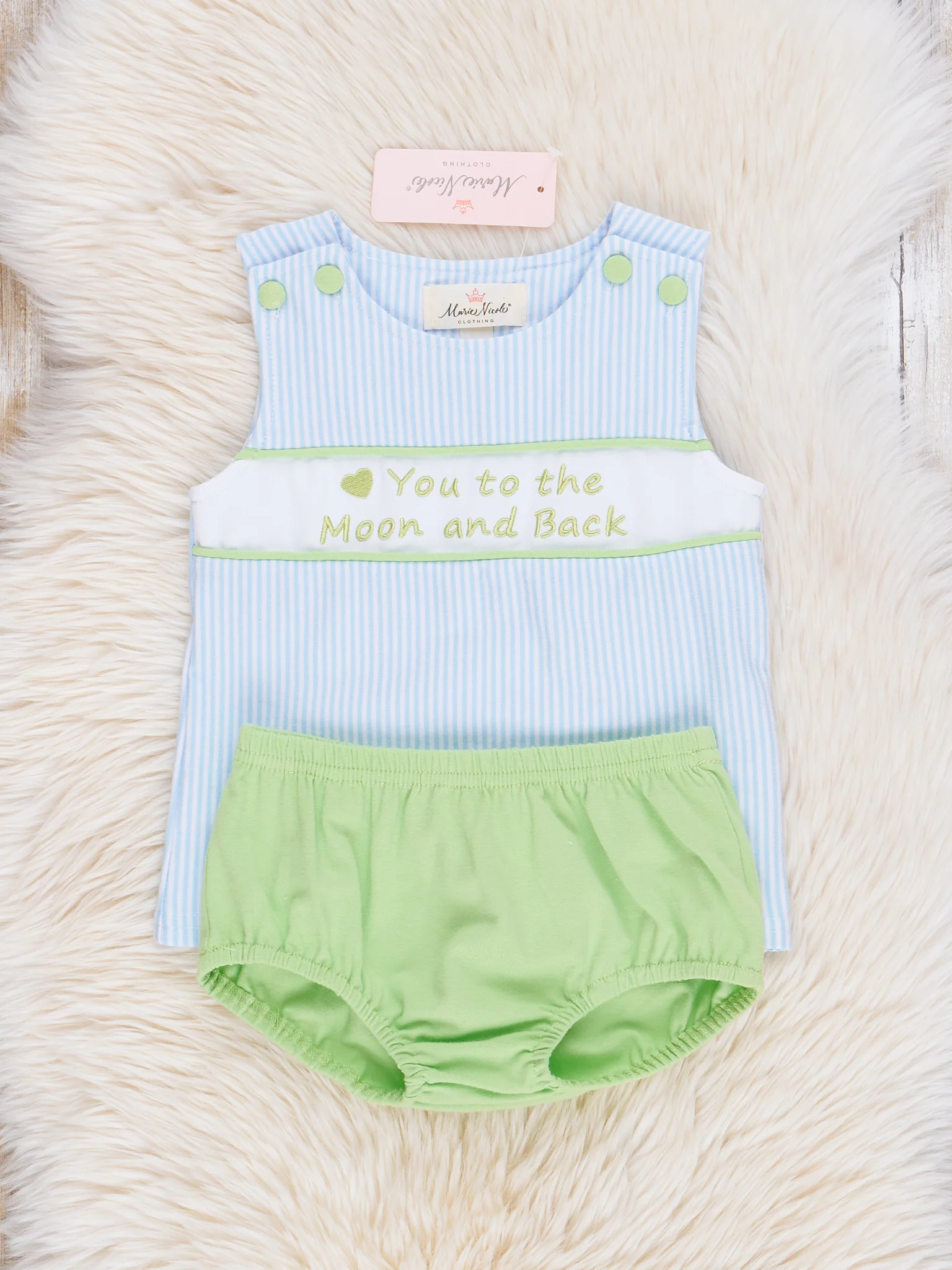 Blue & Green Striped "Moon & Back" Bloomers Outfit - Image 3