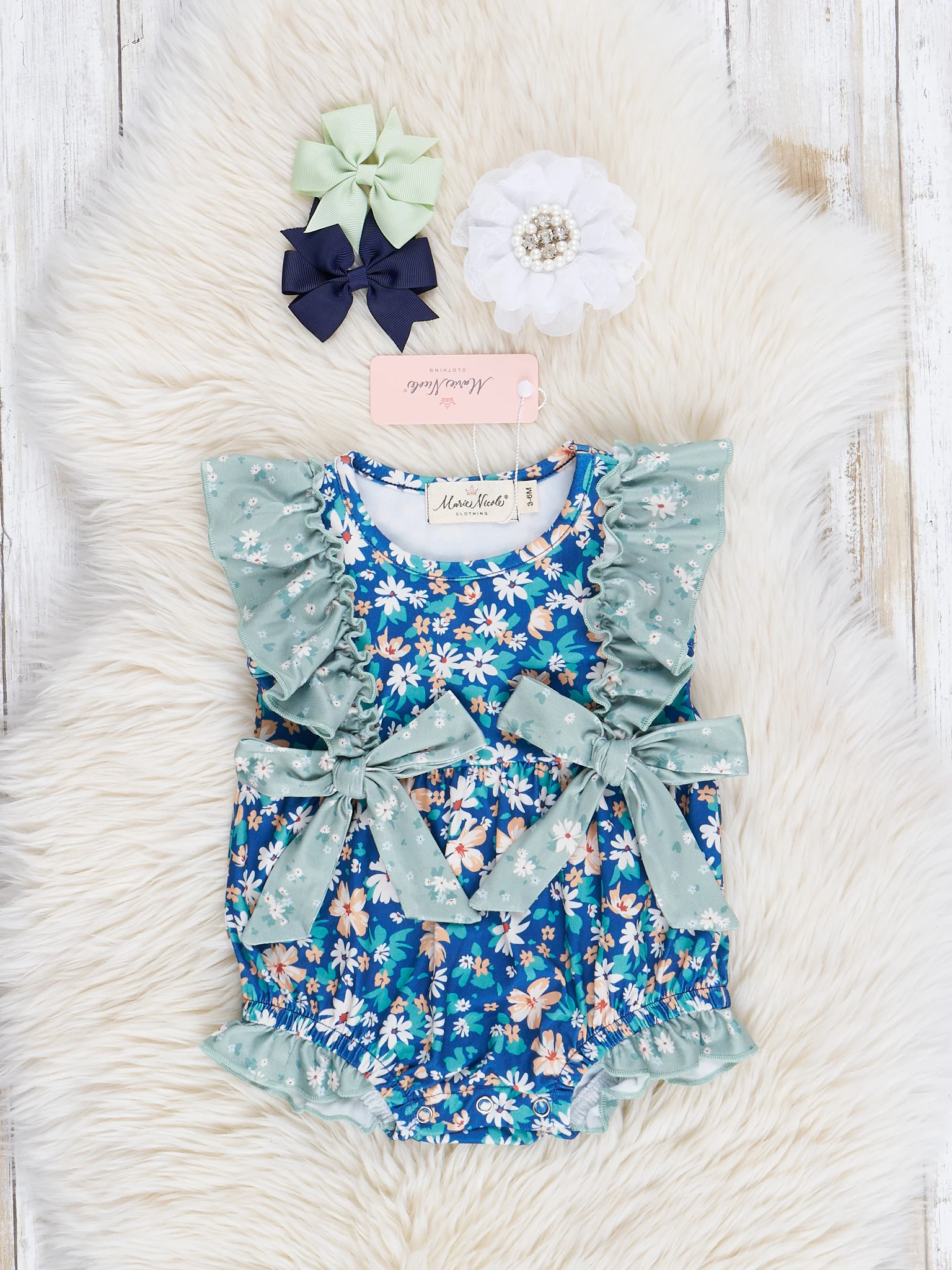 Blue & Green Wildflowers Ruffle Bubble Romper