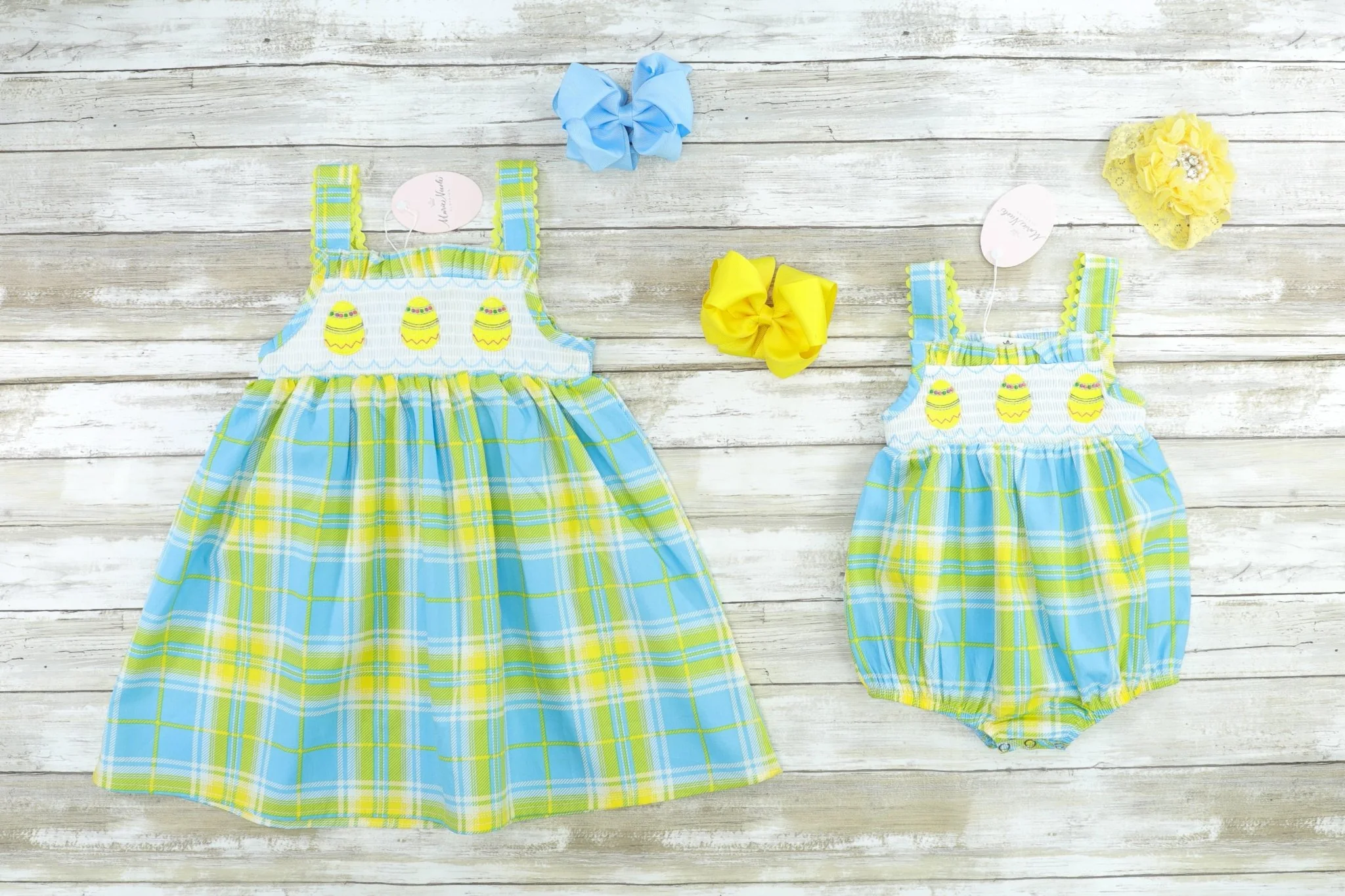 Blue, Green, & Yellow Plaid Easter Egg Smocked Johnny - Image 3