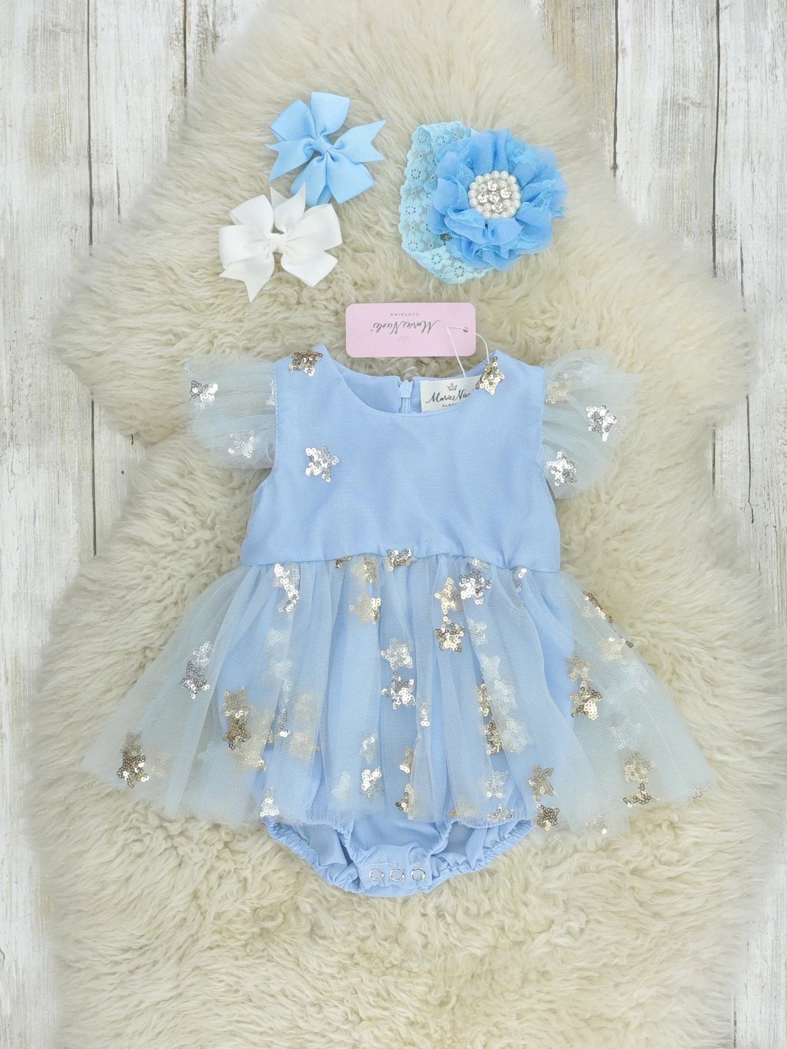 Blue Grey Sequin Star Tulle Bubble Romper - Image 2
