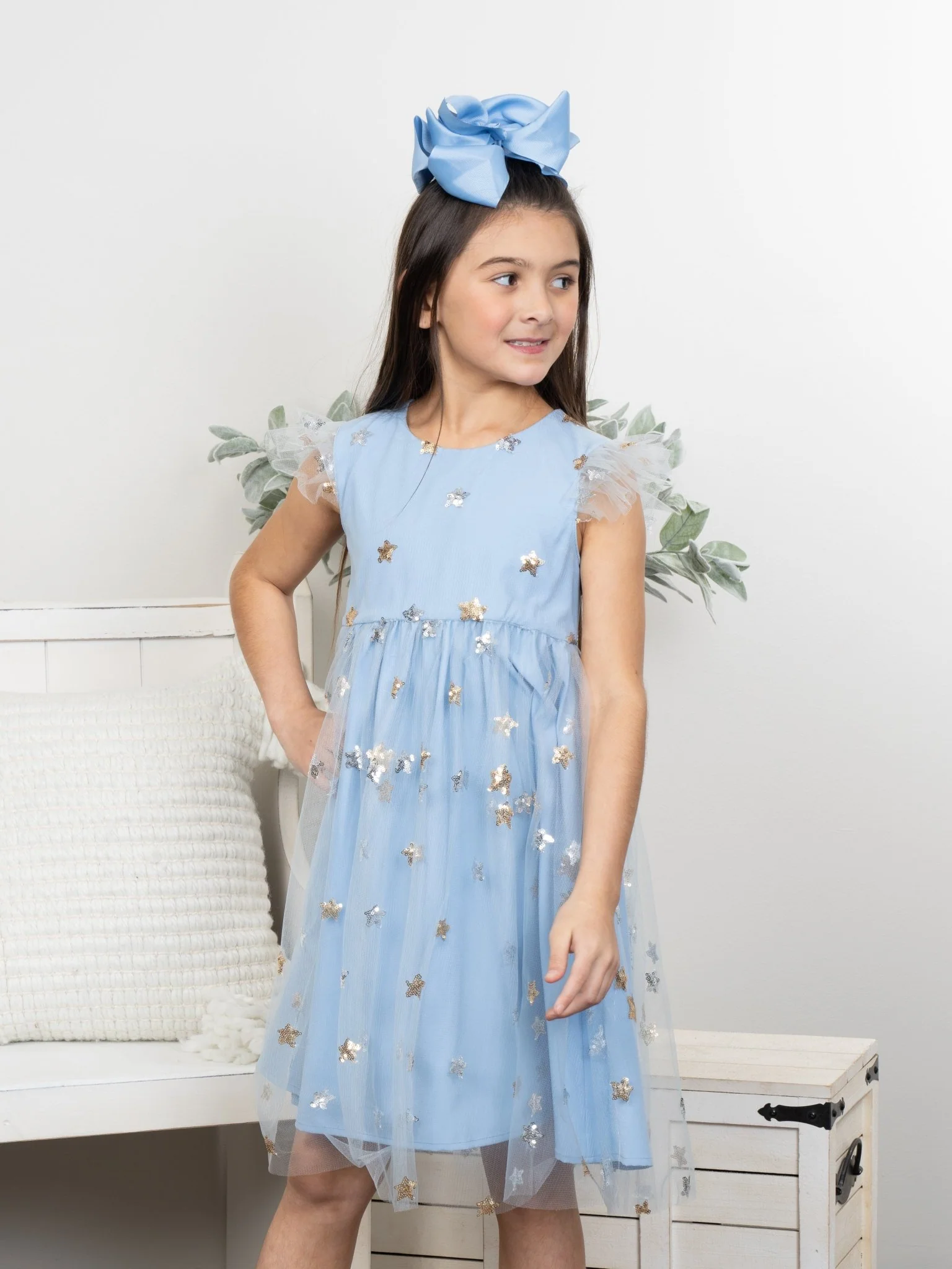 Blue Grey Sequin Star Tulle Dress - Image 2