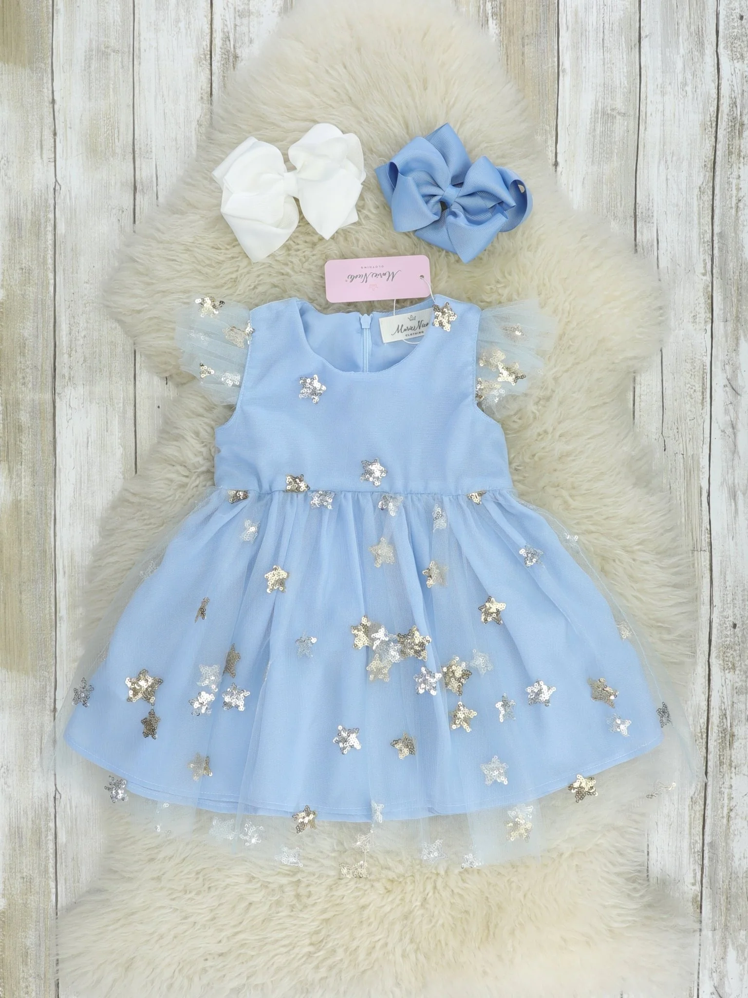 Blue Grey Sequin Star Tulle Dress - Image 3