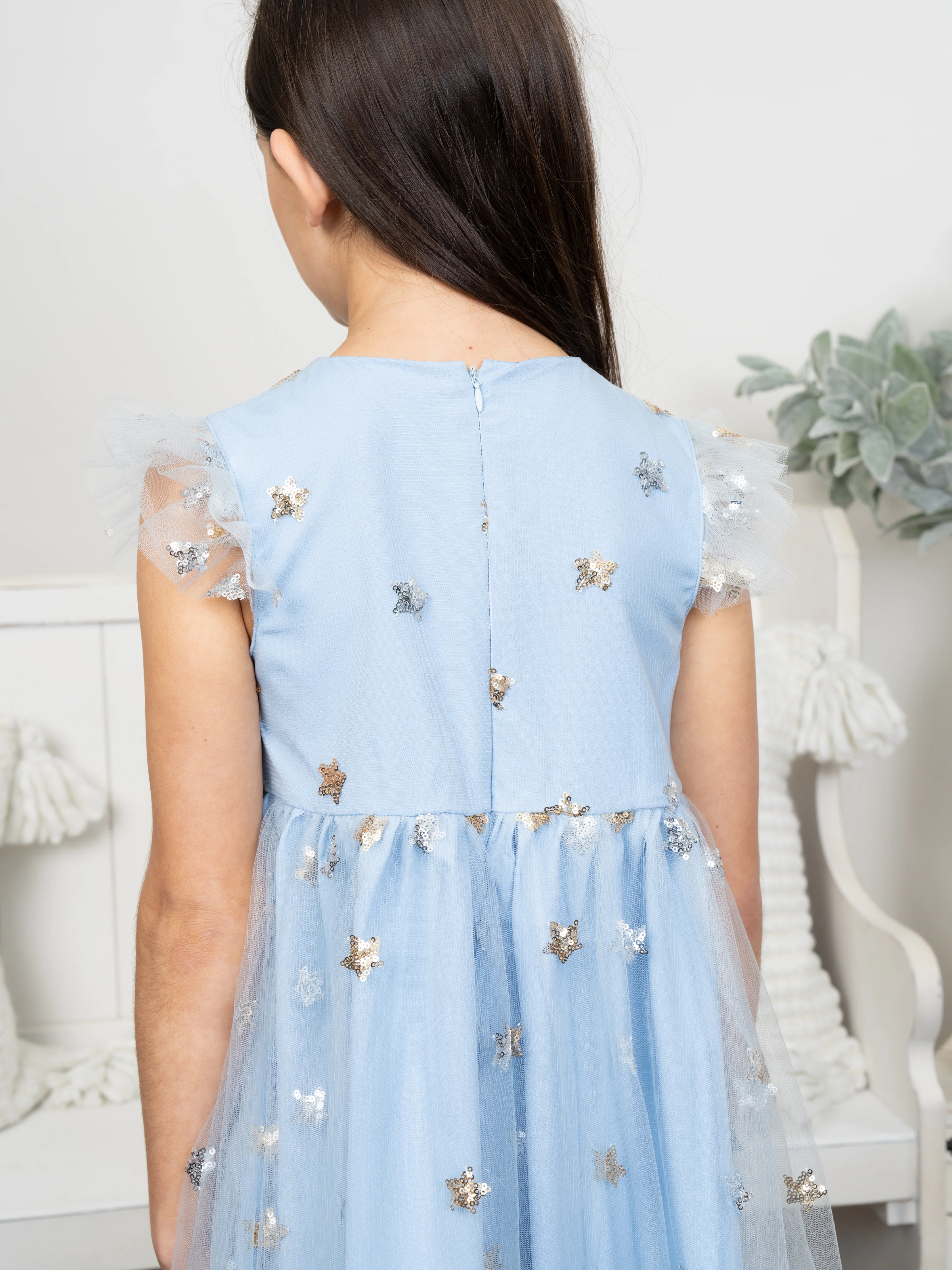 Blue Grey Sequin Star Tulle Dress - Image 5