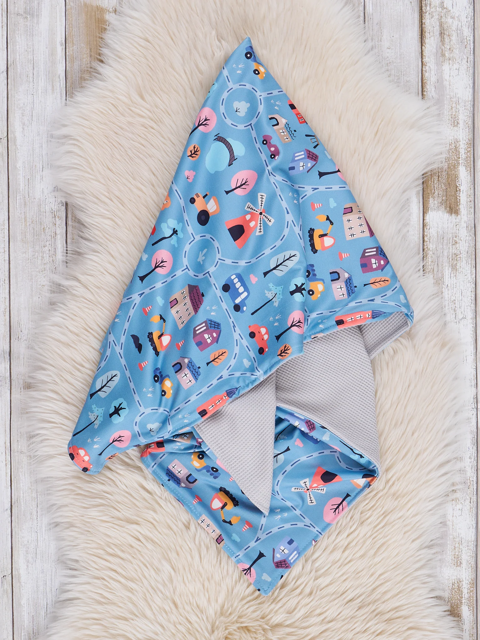 Blue Happy Village Waffle Blanket