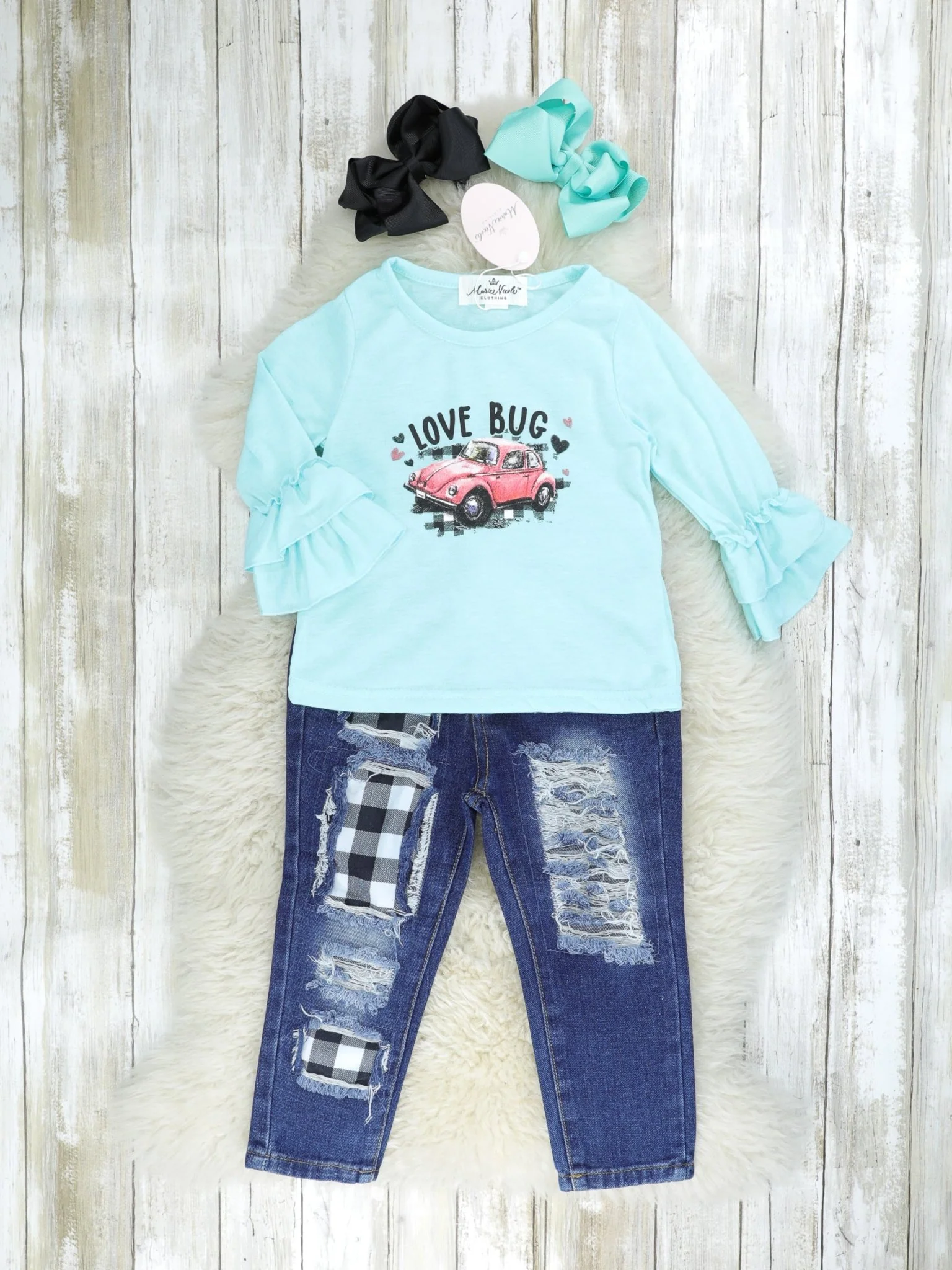 Blue "Love Bug" Gingham Denim Outfit - Image 2