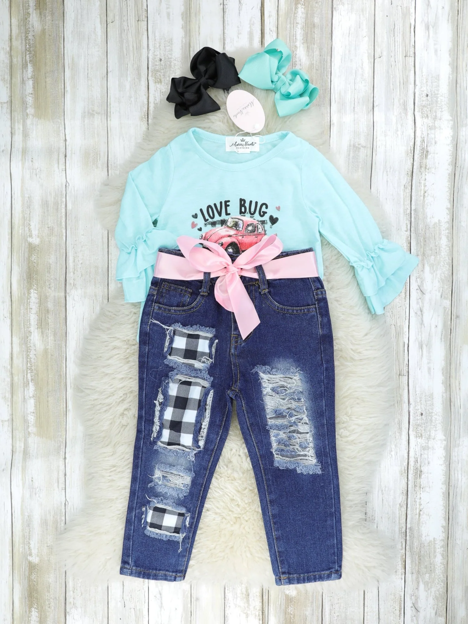 Blue "Love Bug" Gingham Denim Outfit - Image 3