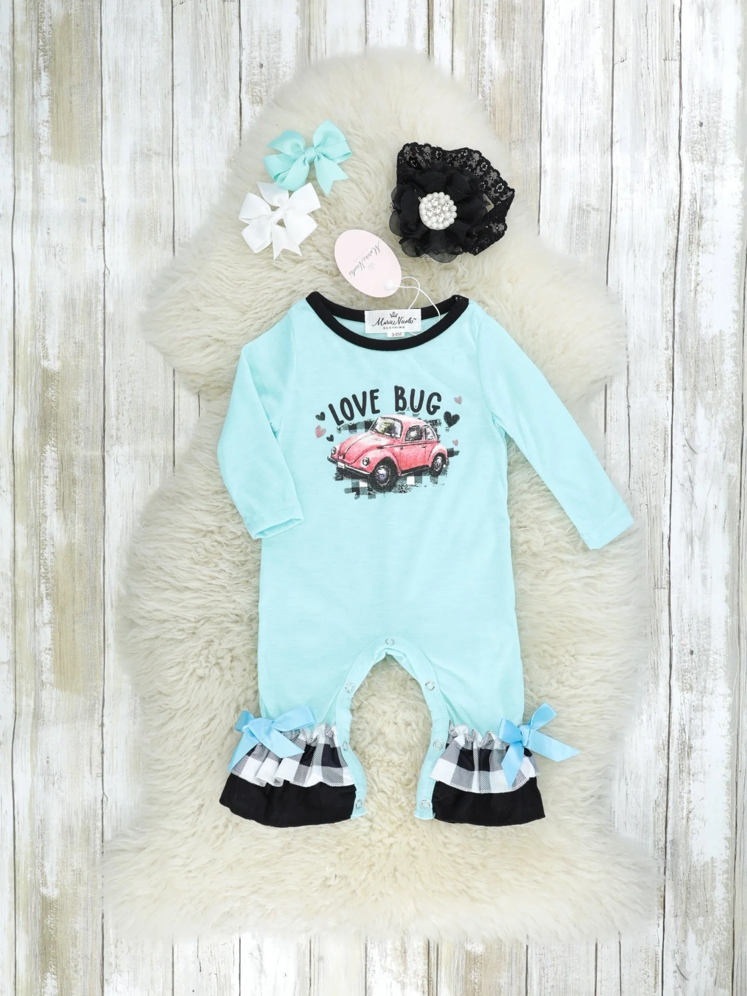 Blue "Love Bug" Gingham Ruffle Romper