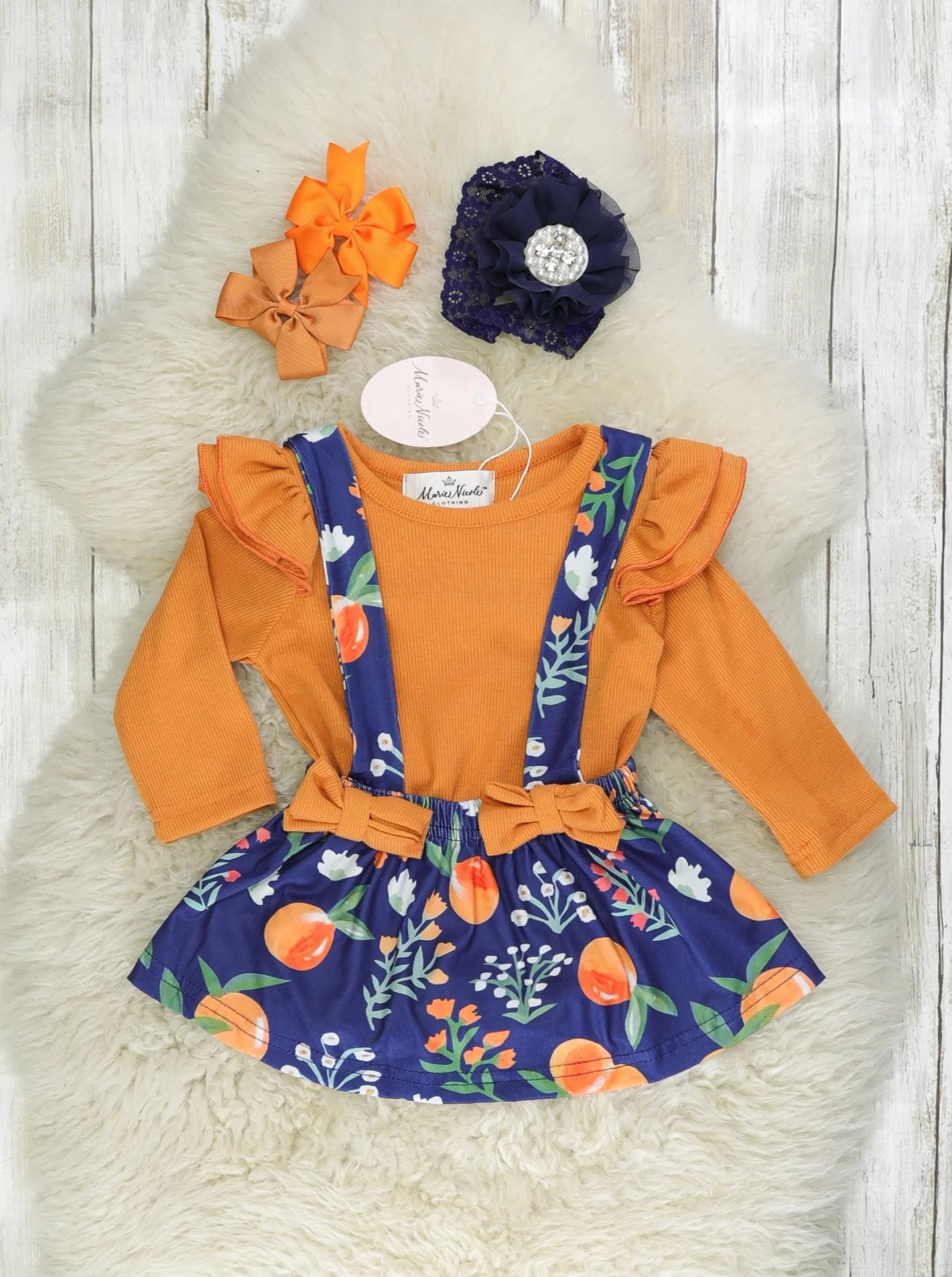 Navy & Burnt Orange Persimmon Suspender Skirt Set