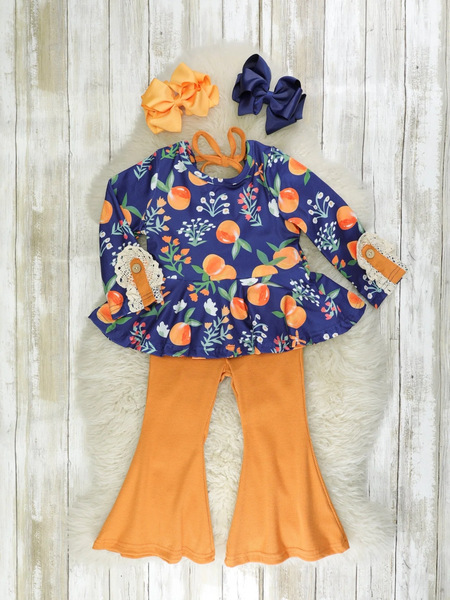 Navy & Burnt Orange Persimmon Tunic Top & Bell Bottoms Outfit