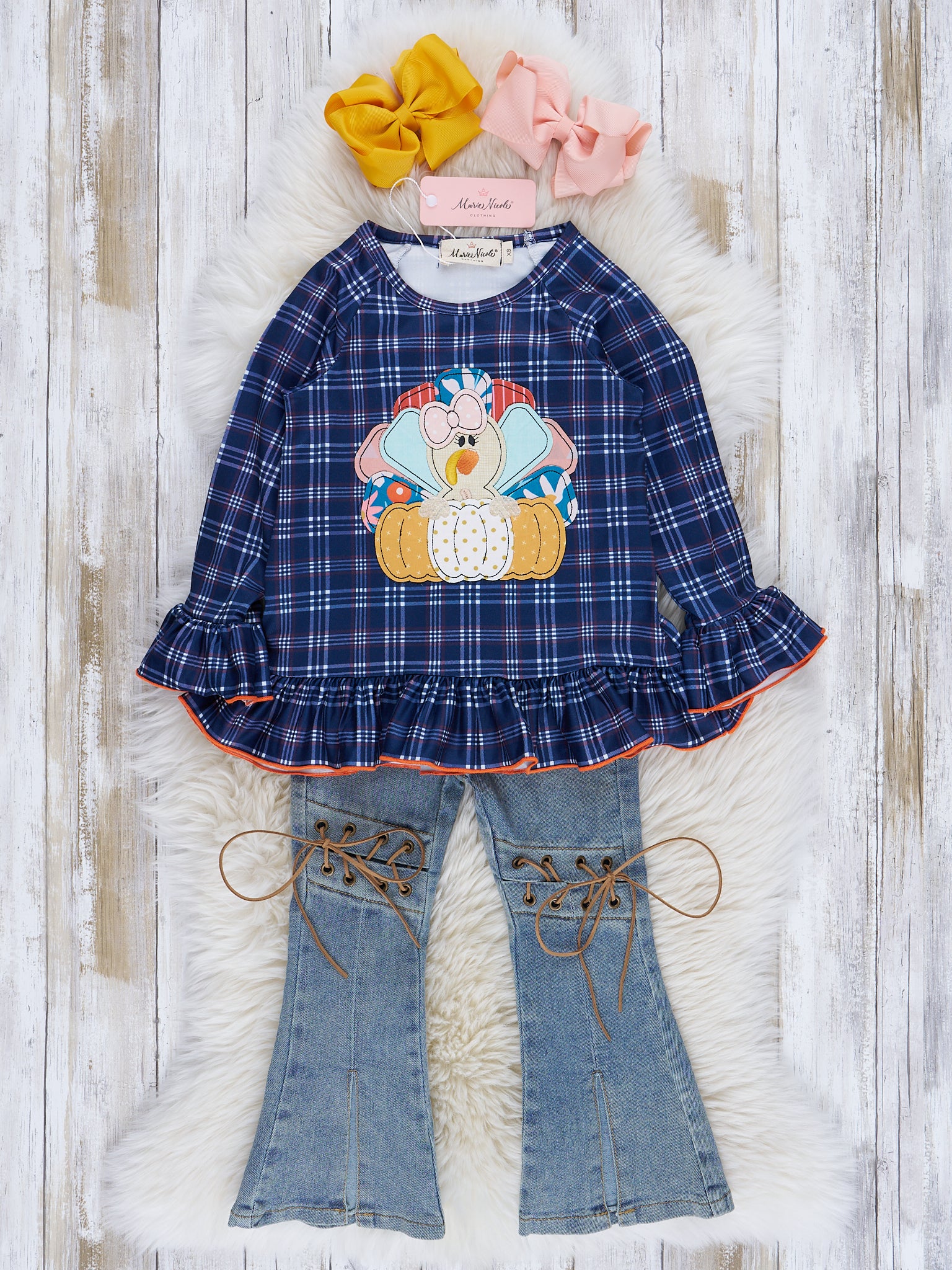 Blue & Orange Plaid Embroidered Turkey Outfit w/ Denim - Image 2