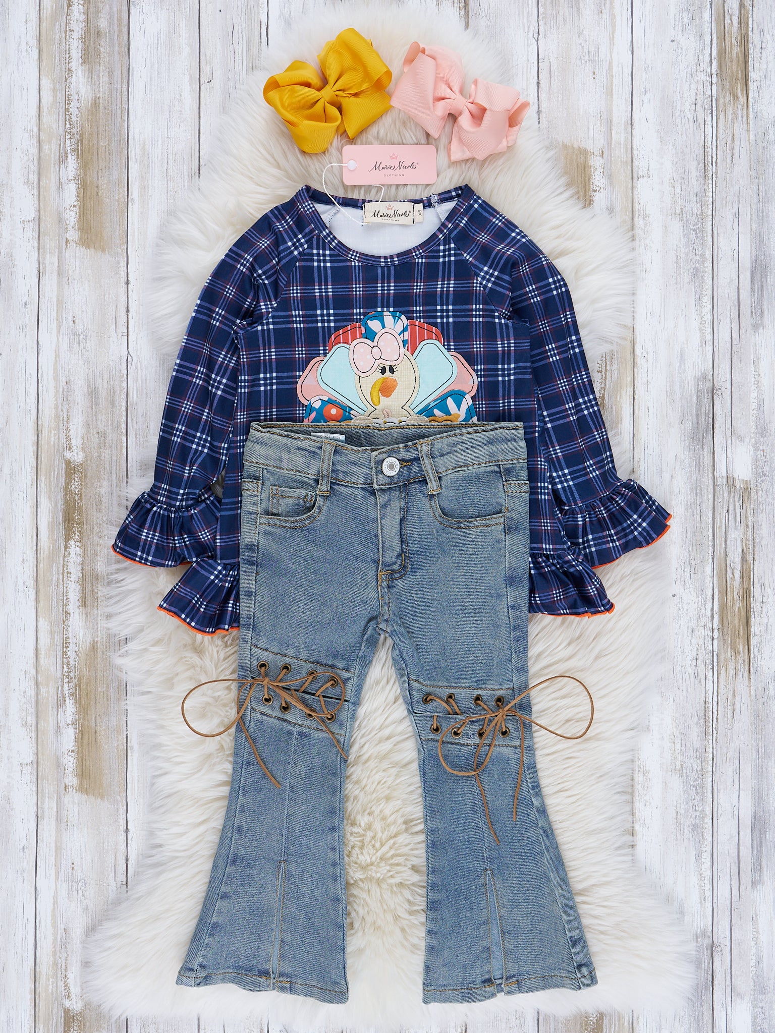 Blue & Orange Plaid Embroidered Turkey Outfit w/ Denim - Image 3