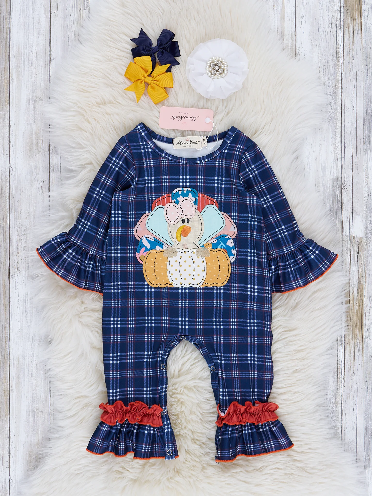 Blue & Orange Plaid Embroidered Turkey Ruffle Romper
