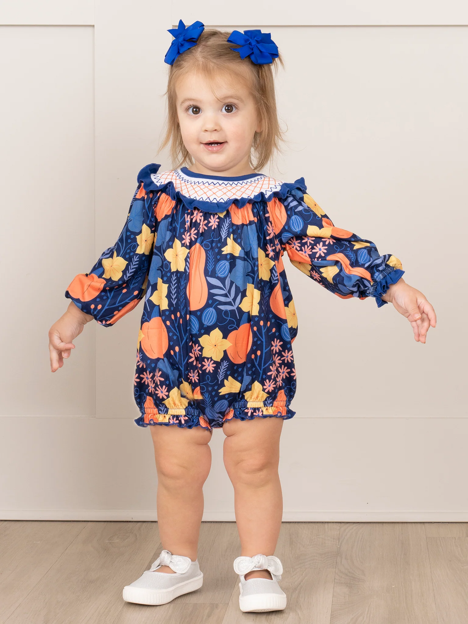 Blue Orange Smocked Gourds Bubble Romper