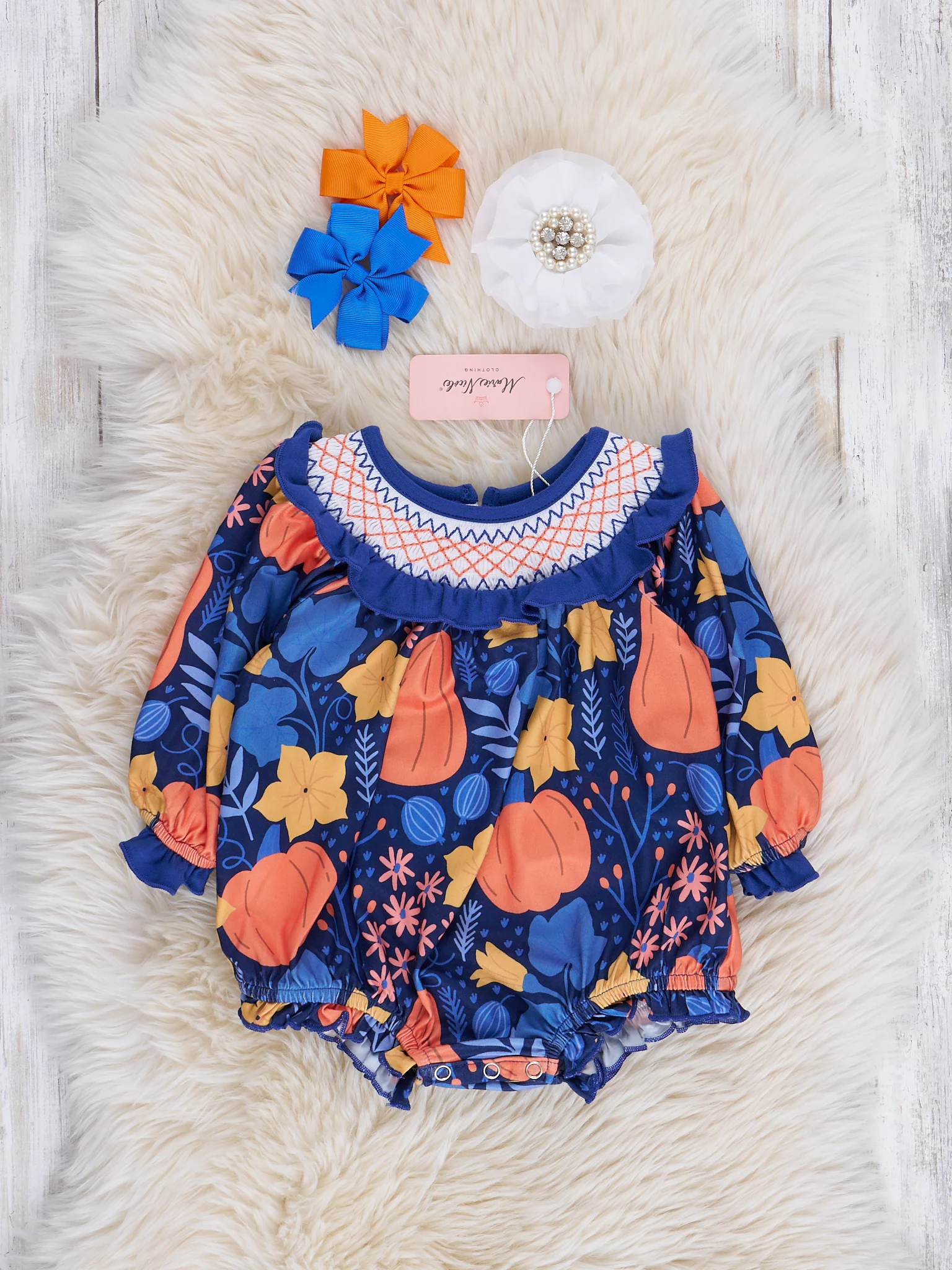 Blue Orange Smocked Gourds Bubble Romper - Image 2