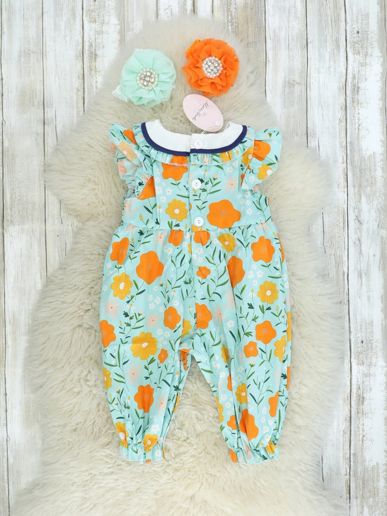 Blue, Orange, & Yellow Floral Smocked Romper - Image 2