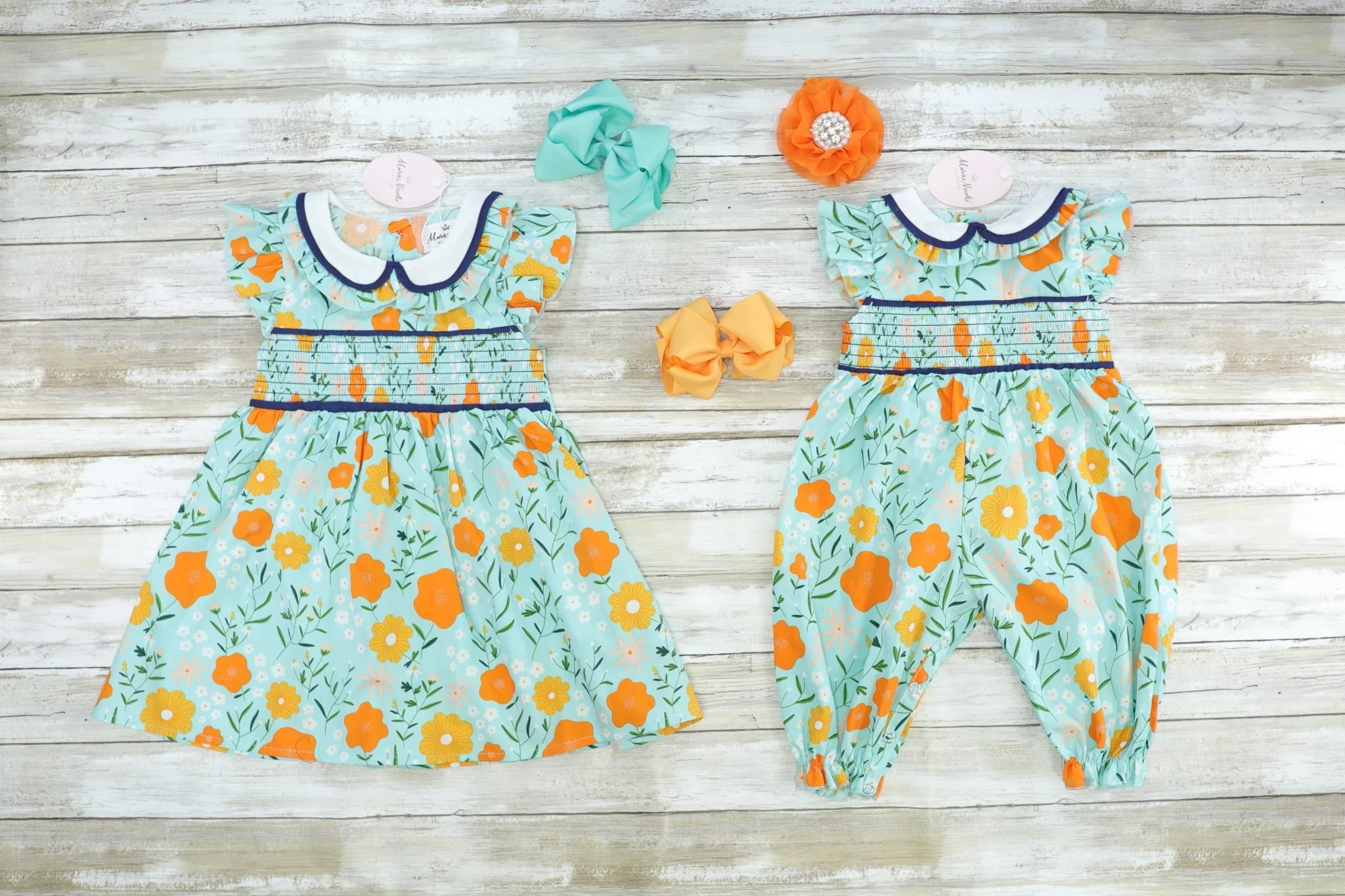 Blue, Orange, & Yellow Floral Smocked Romper - Image 3