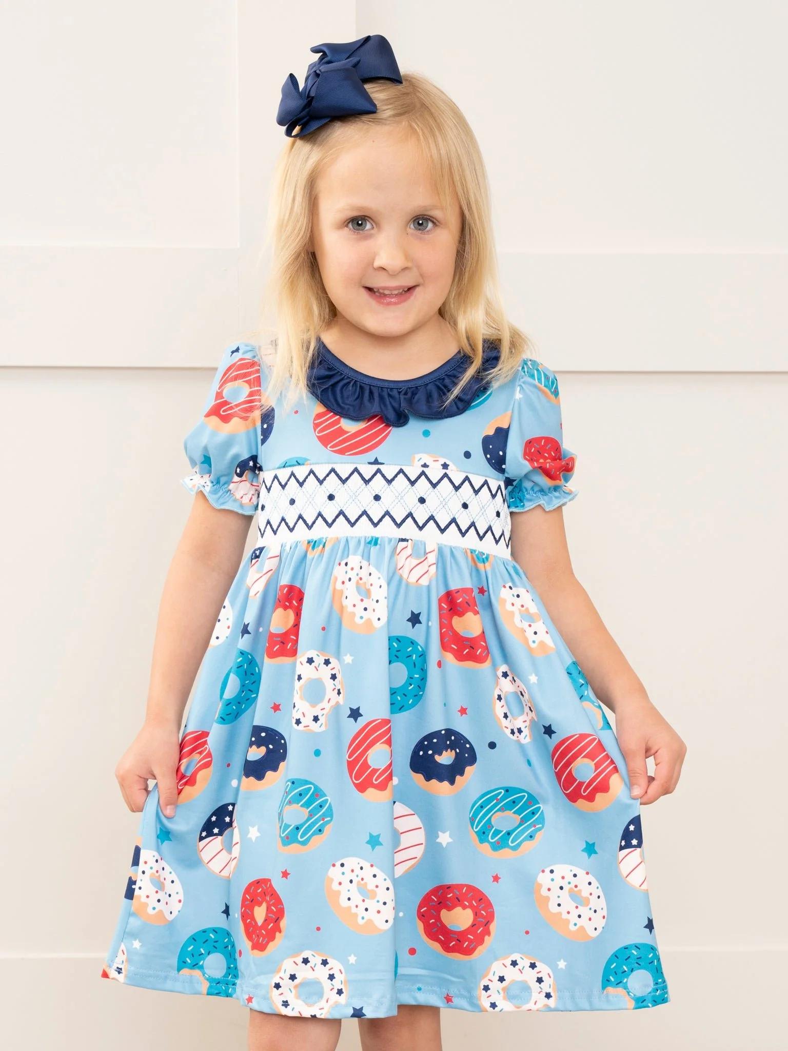 Blue Patriotic Donuts Smocked Dress