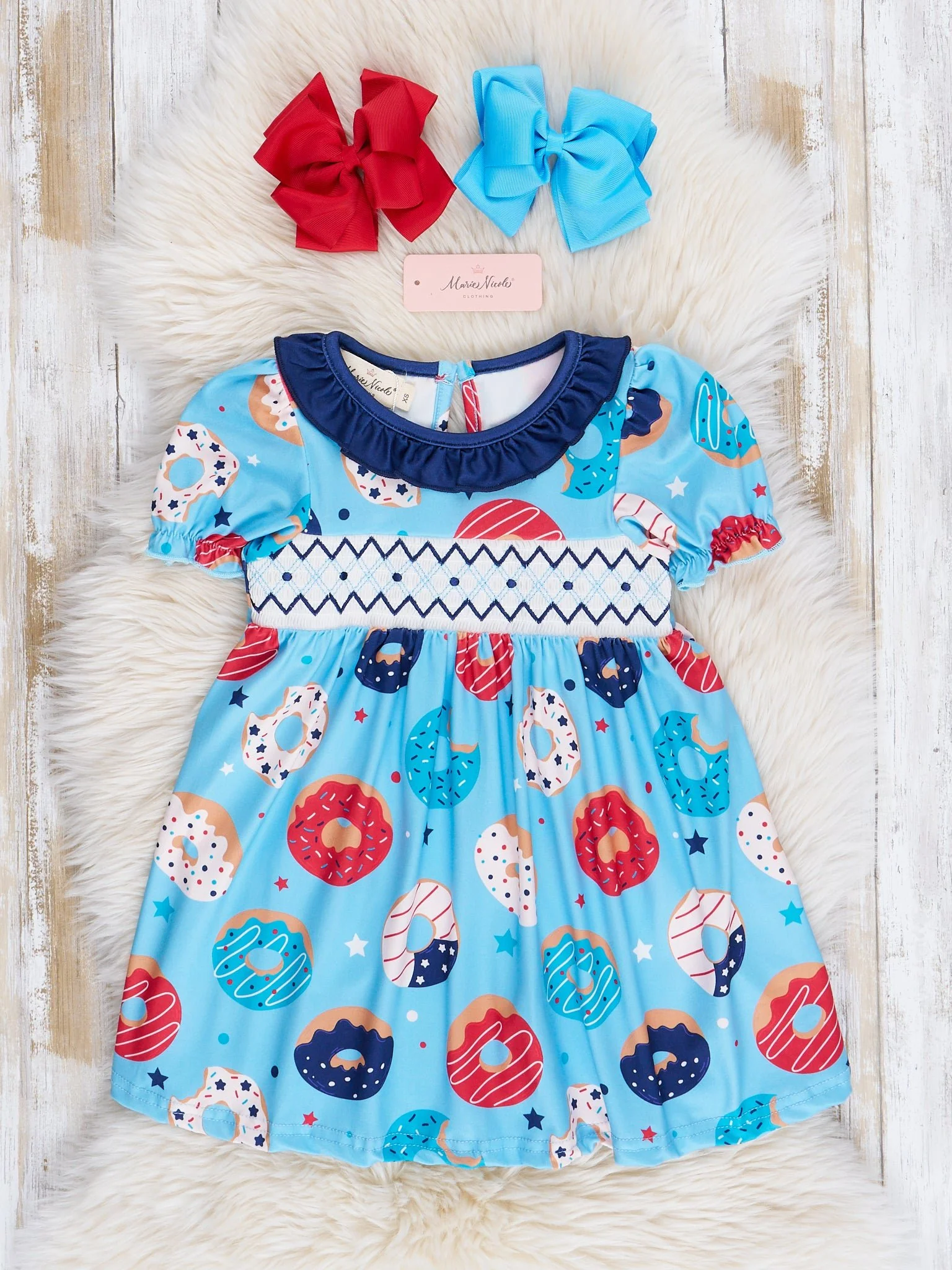 Blue Patriotic Donuts Smocked Dress - Image 2