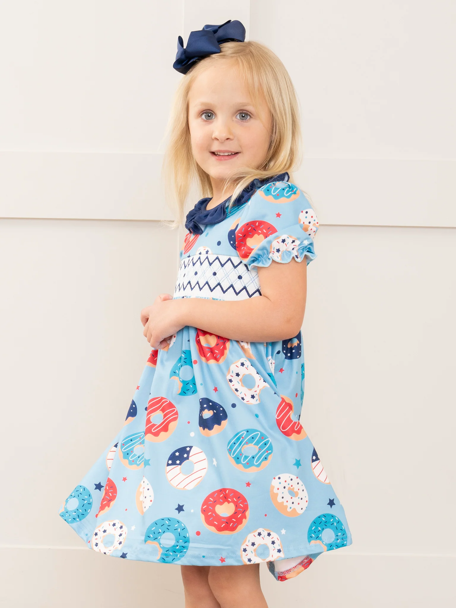 Blue Patriotic Donuts Smocked Dress - Image 3