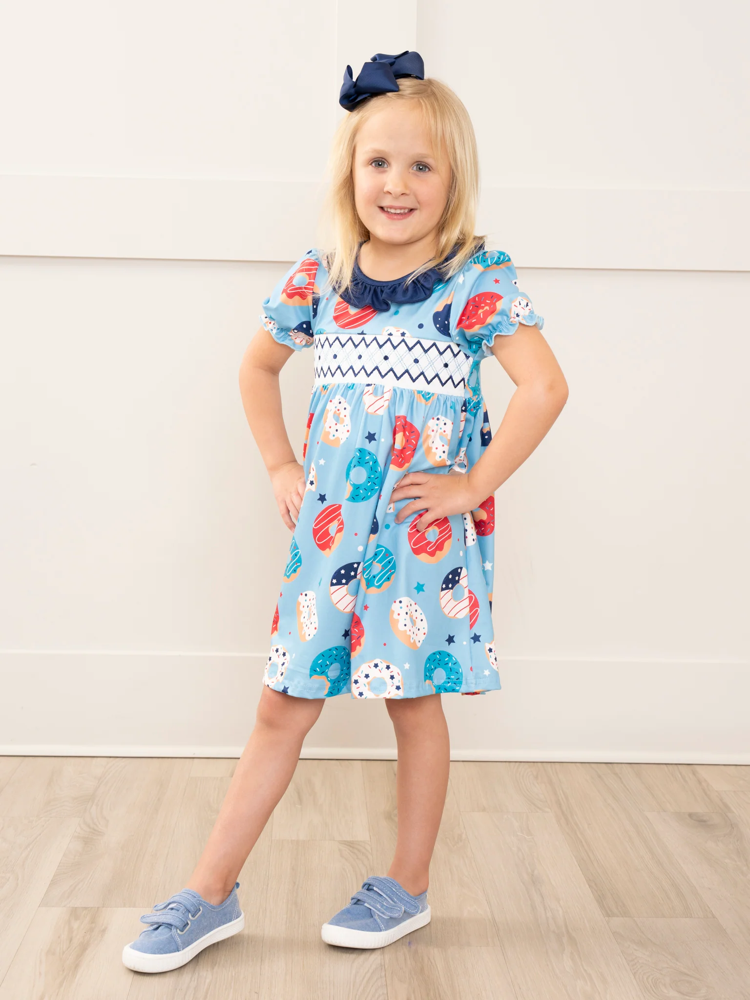Blue Patriotic Donuts Smocked Dress - Image 4