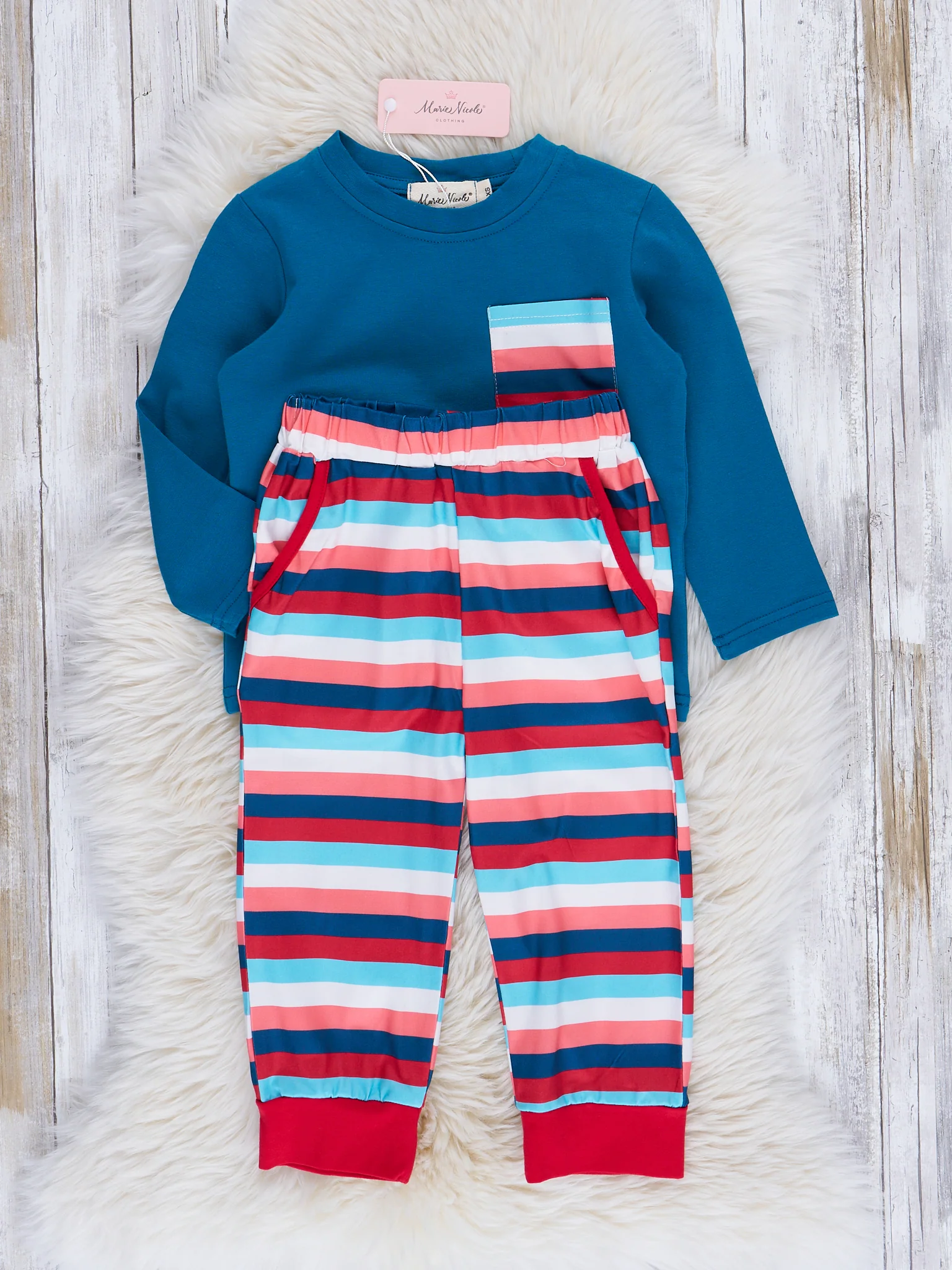 Blue & Peach Stripes Pocket Outfit - Image 2