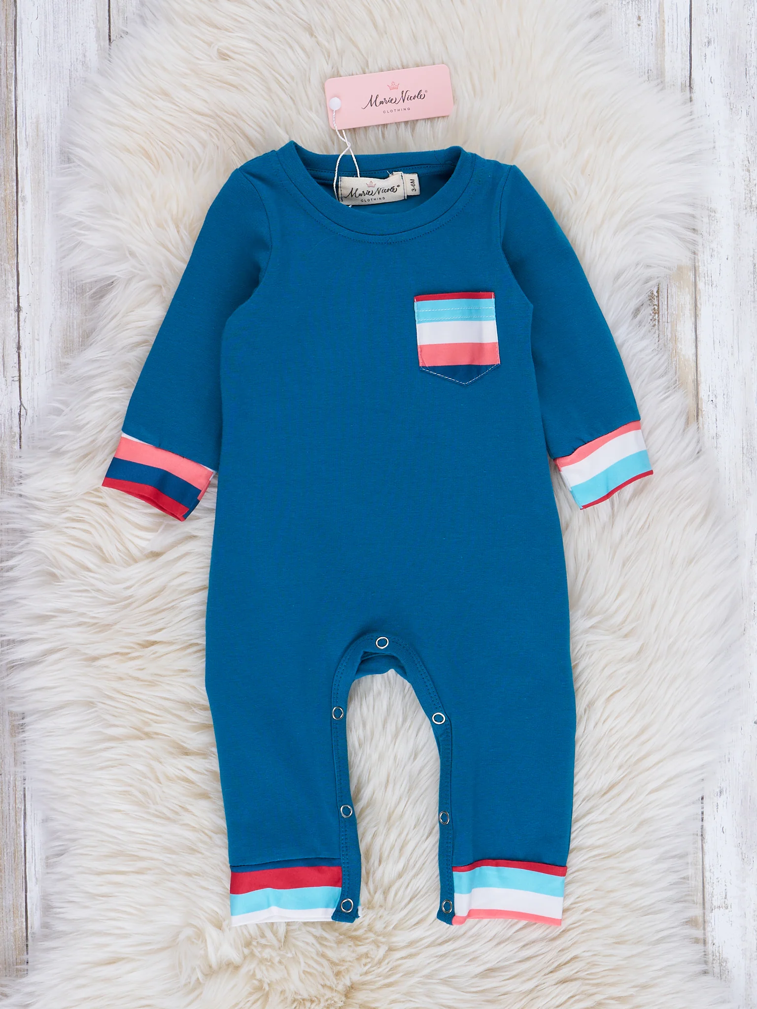Blue & Peach Stripes Pocket Romper