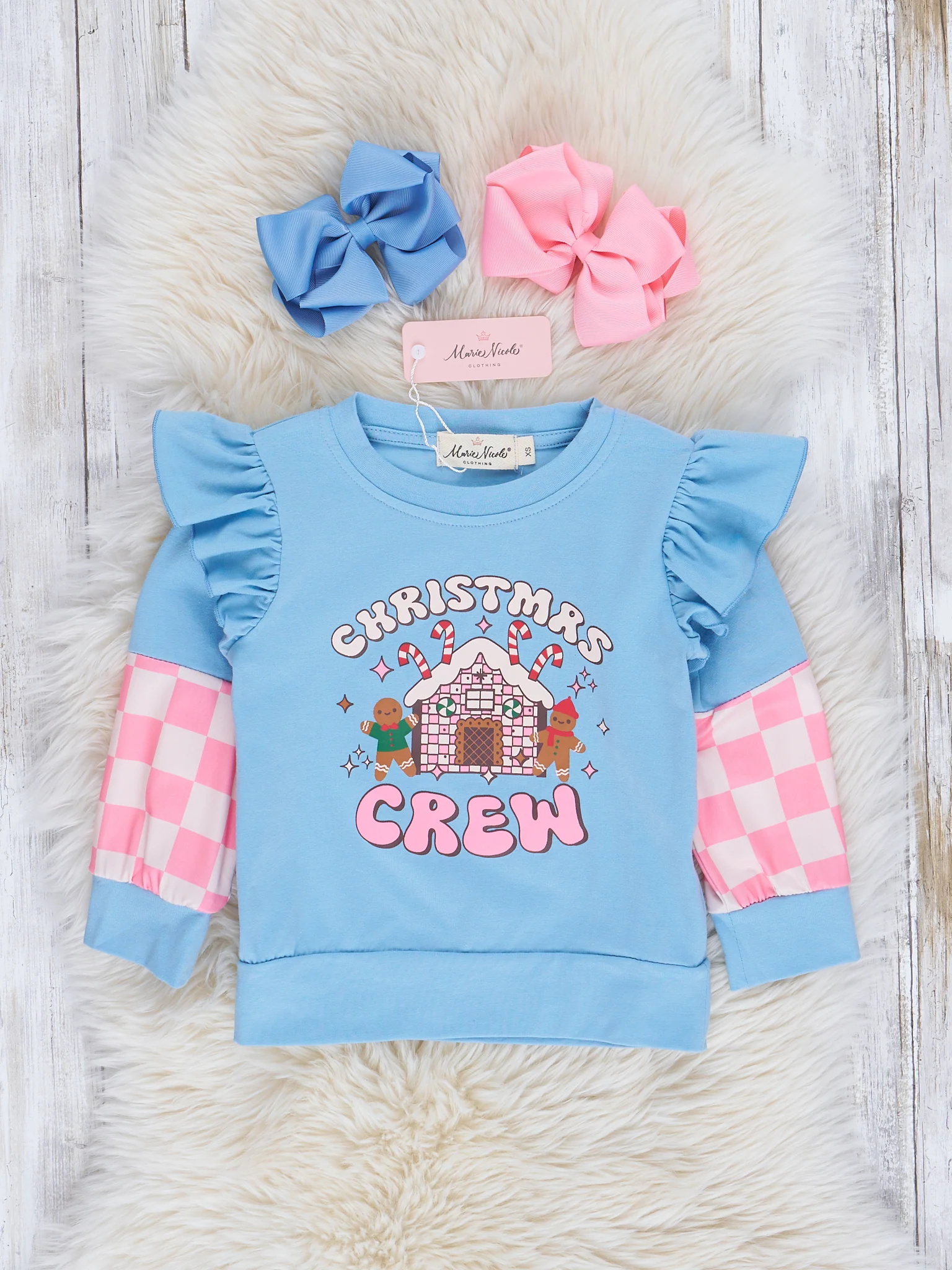 Blue & Pink Checkers "Christmas Crew" Ruffle Shirt
