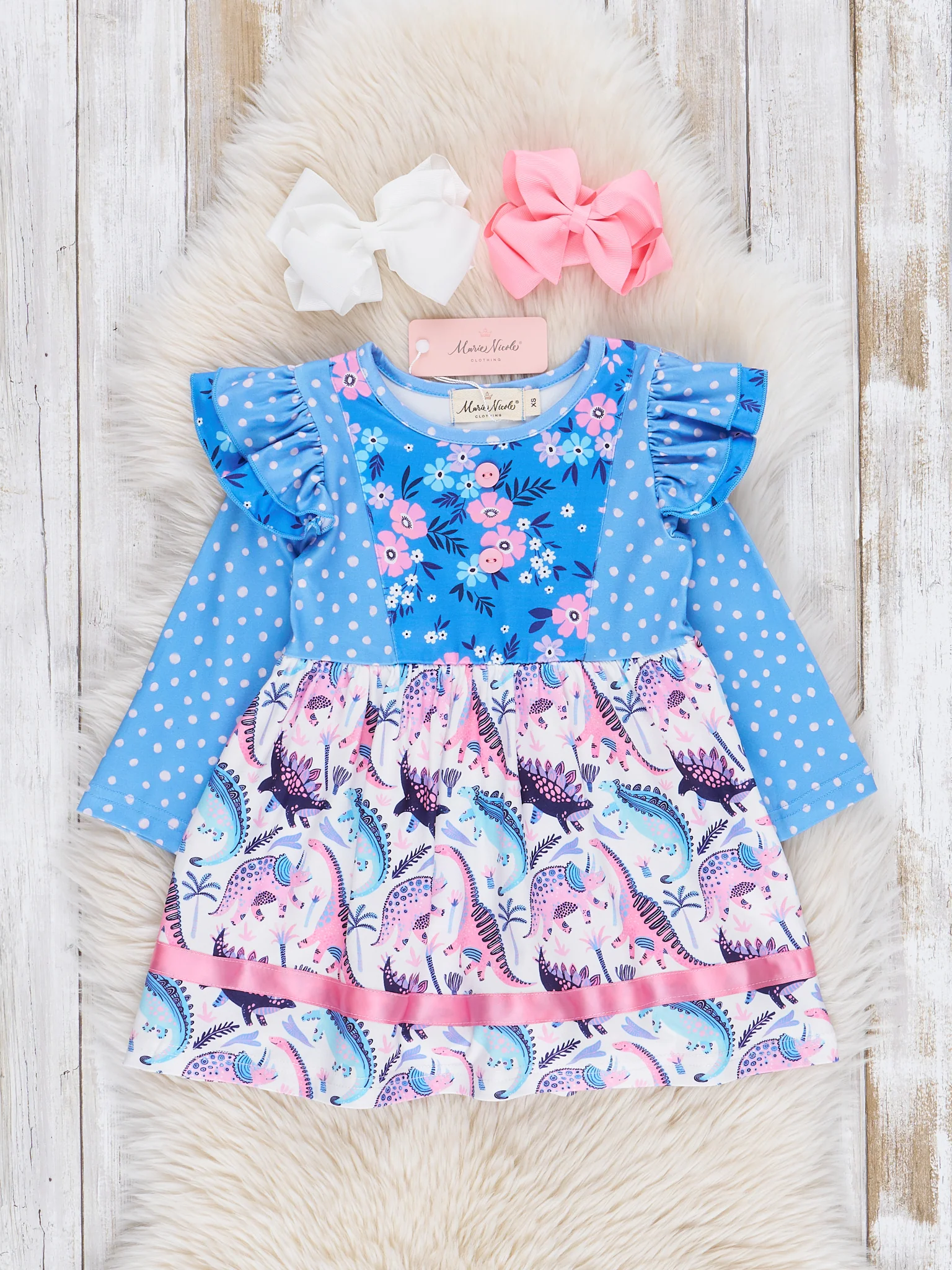 Blue & Pink Dinosaur Blooms Ruffle Dress - Image 2