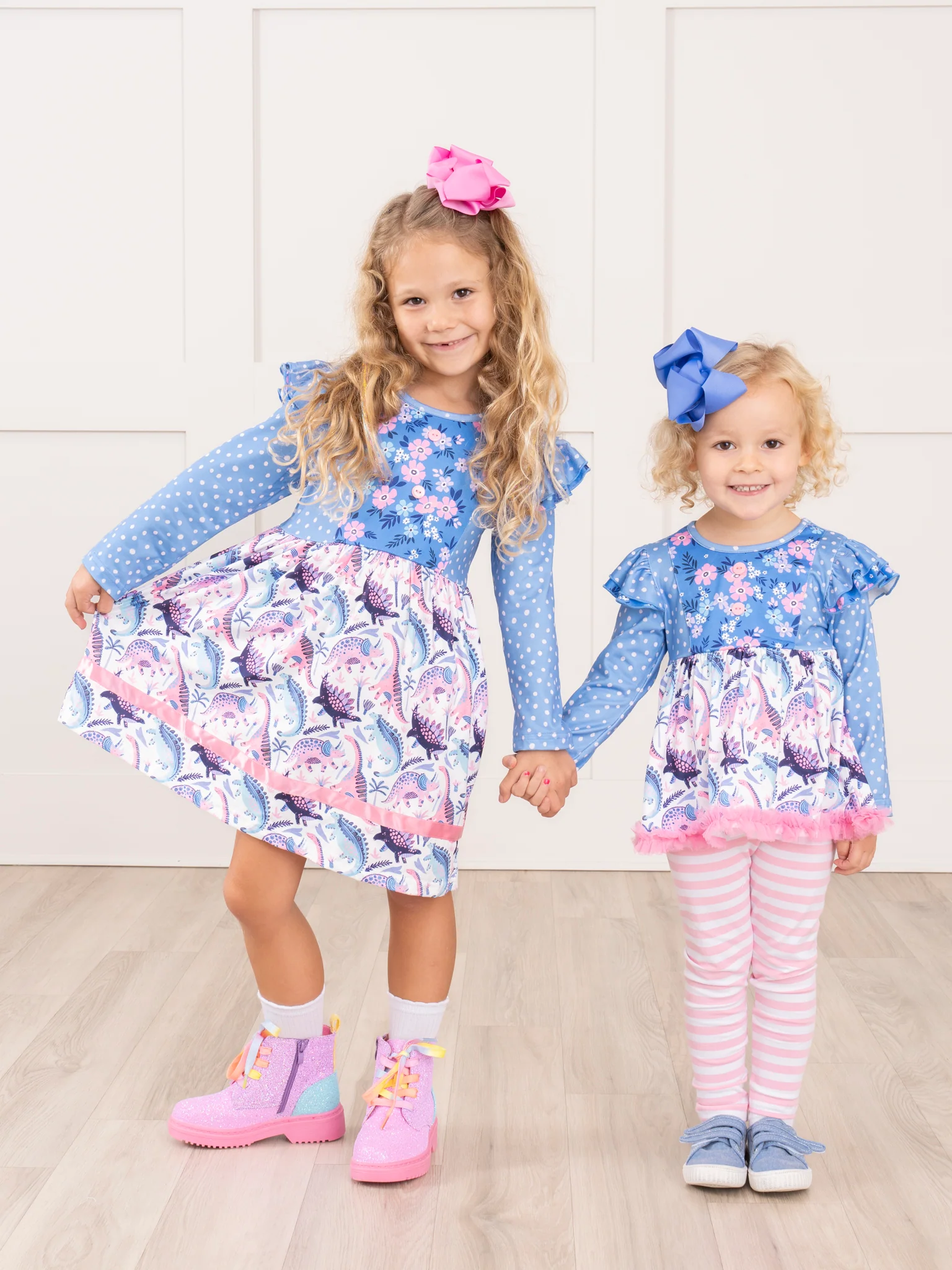 Blue & Pink Dinosaur Blooms Ruffle Dress - Image 3