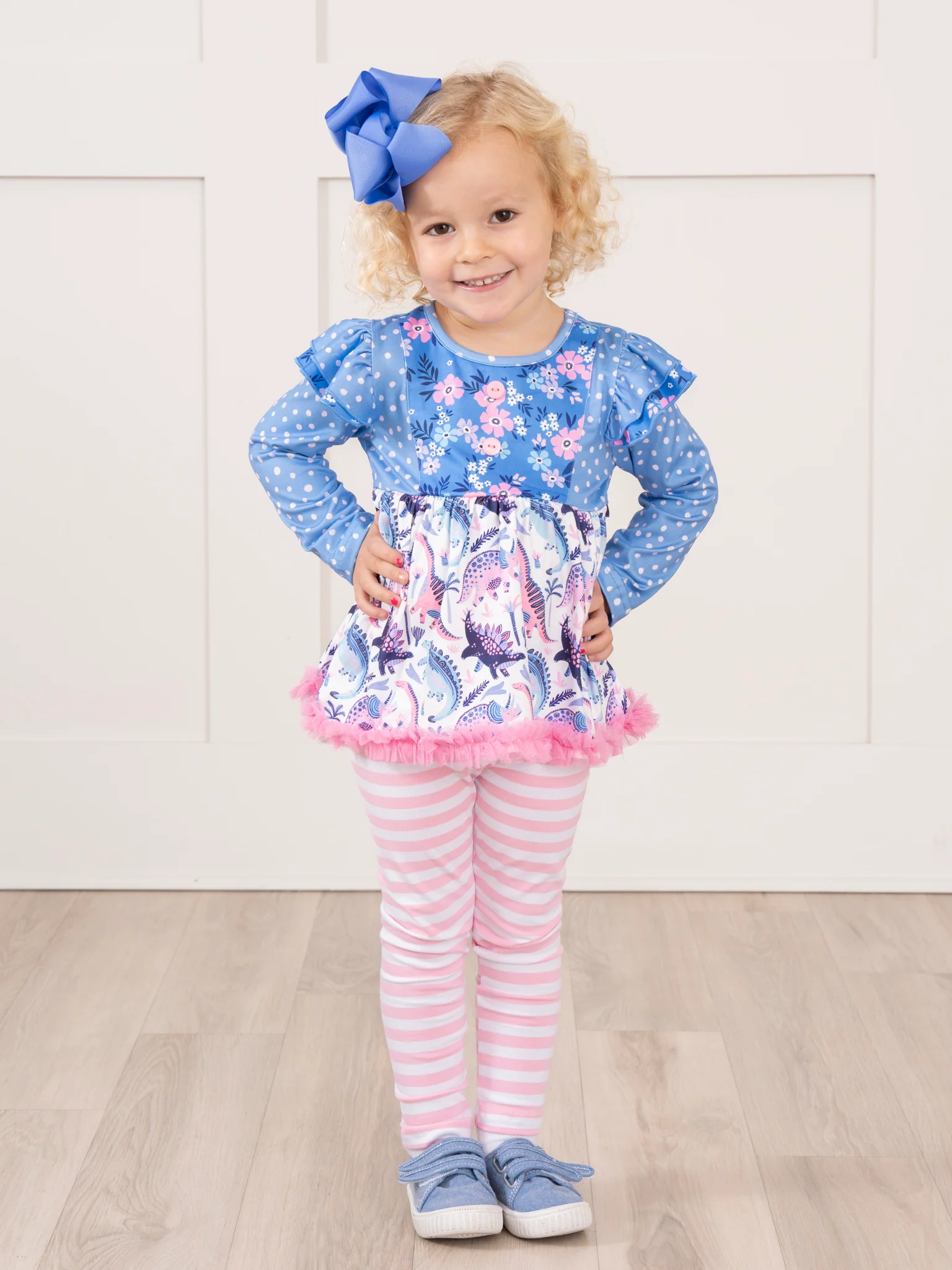 Blue & Pink Dinosaur Blooms Ruffle Outfit