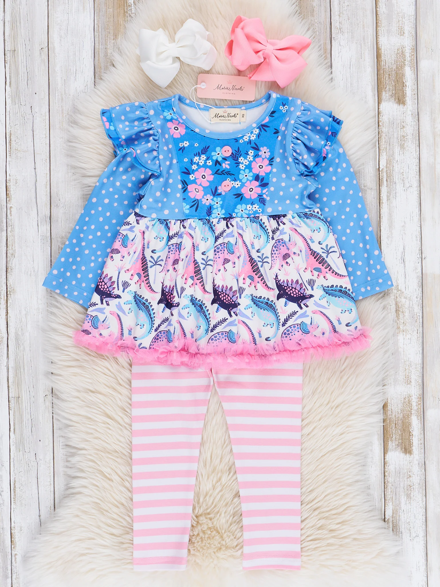 Blue & Pink Dinosaur Blooms Ruffle Outfit - Image 2