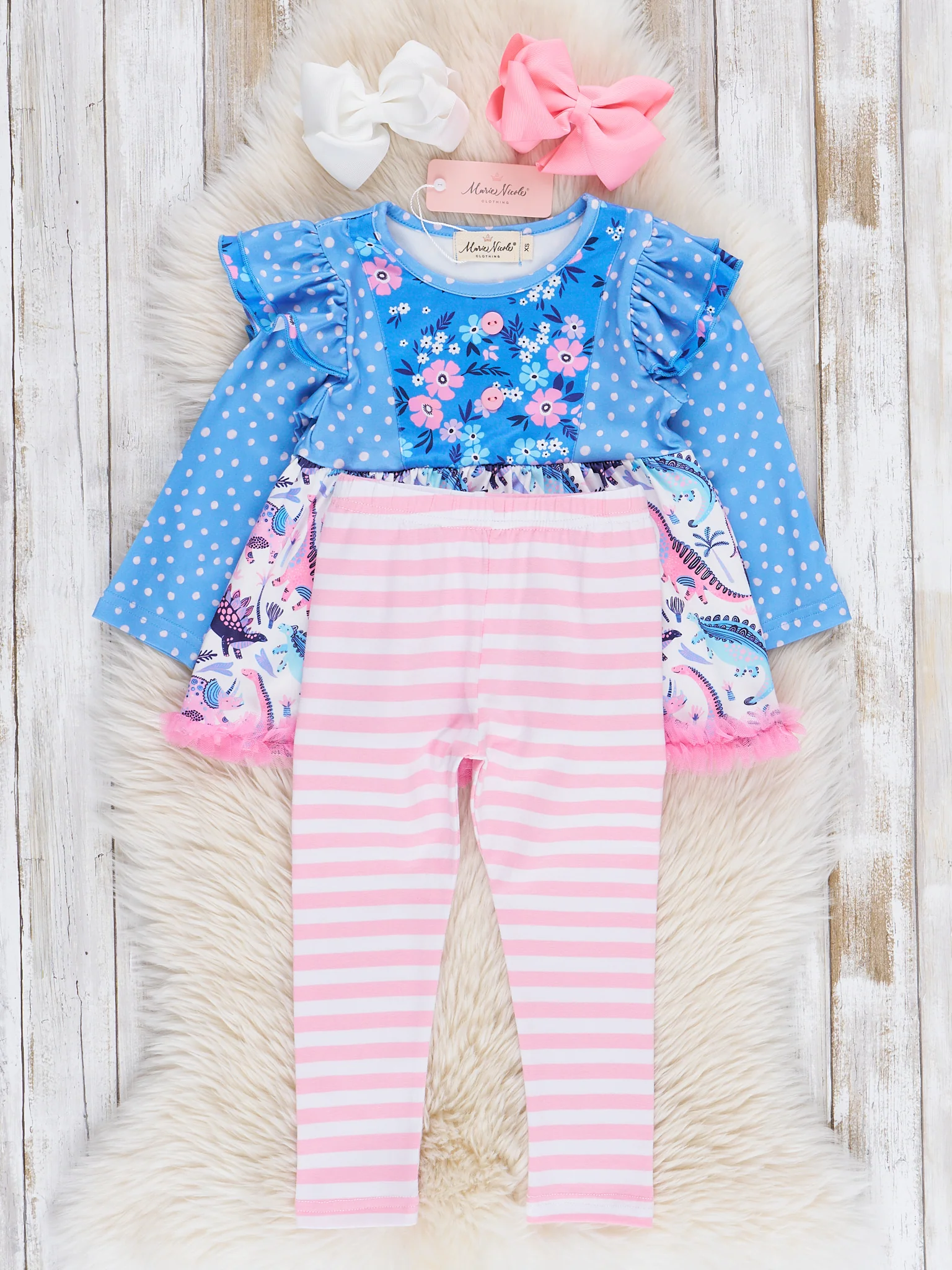 Blue & Pink Dinosaur Blooms Ruffle Outfit - Image 3