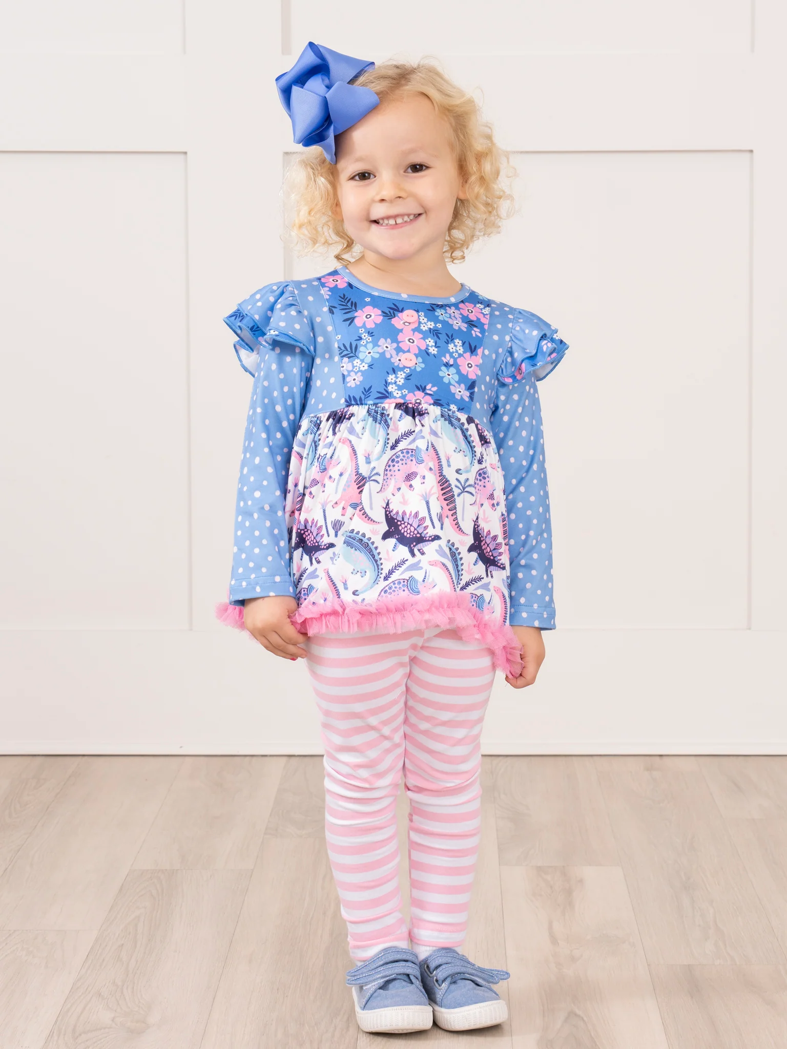Blue & Pink Dinosaur Blooms Ruffle Outfit - Image 4