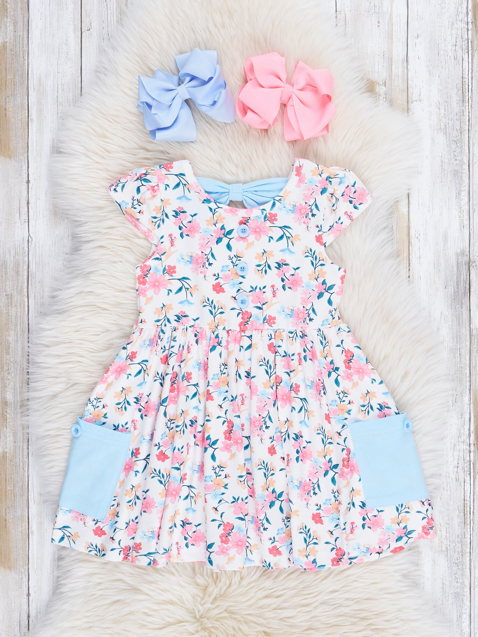 Blue & Pink Ditsy Floral Pocket Bow Dress
