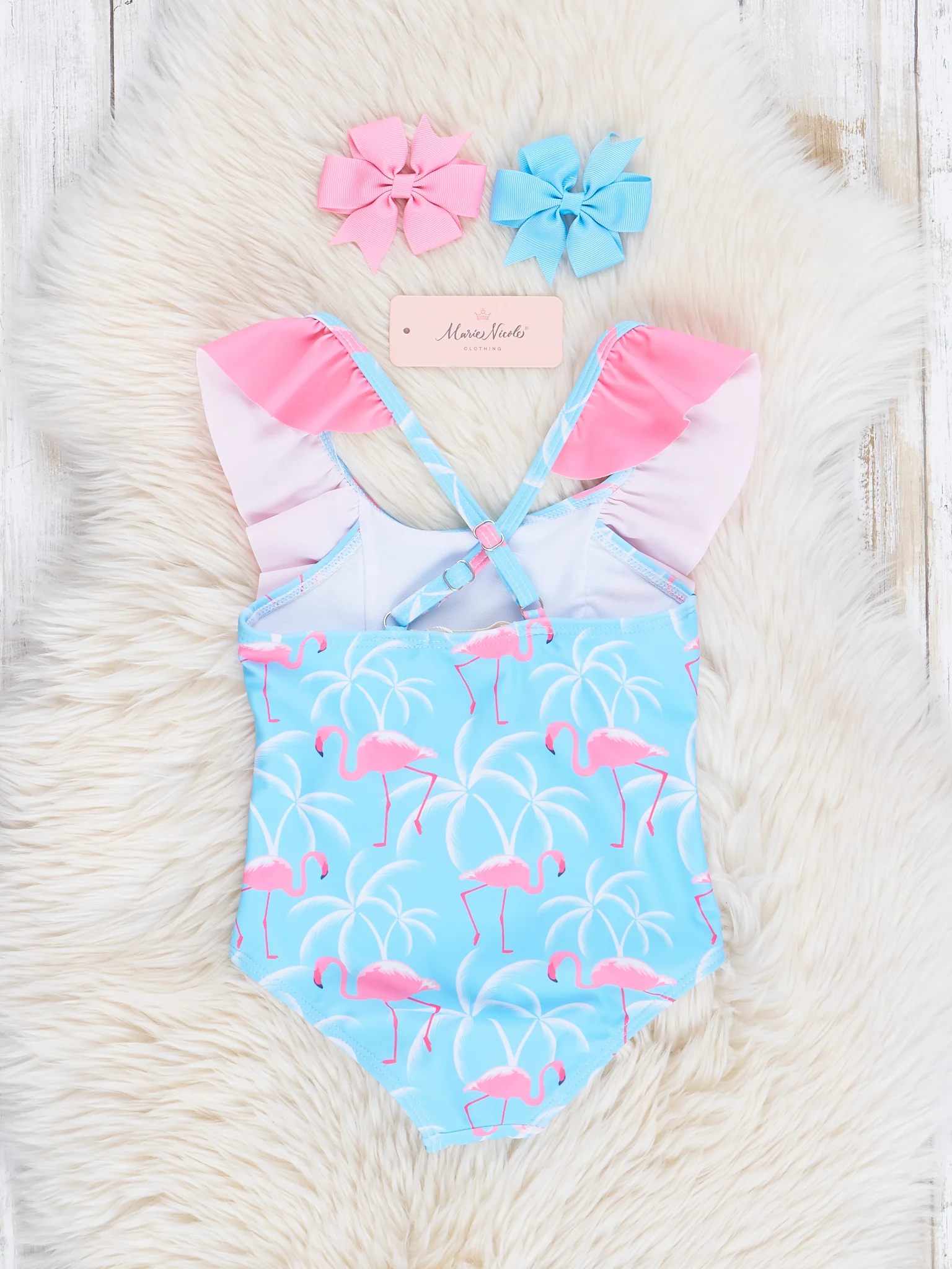 Blue & Pink Flamingos Ruffle Swimsuit - Image 3