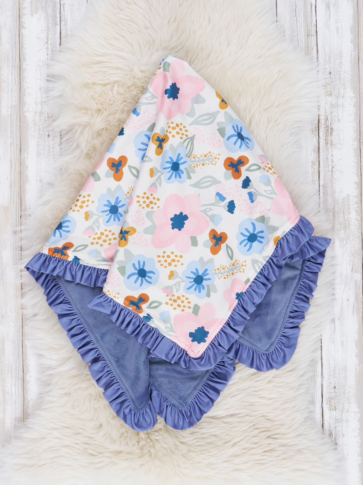 Blue & Pink Floral Watercolor Ruffle Minky Blanket