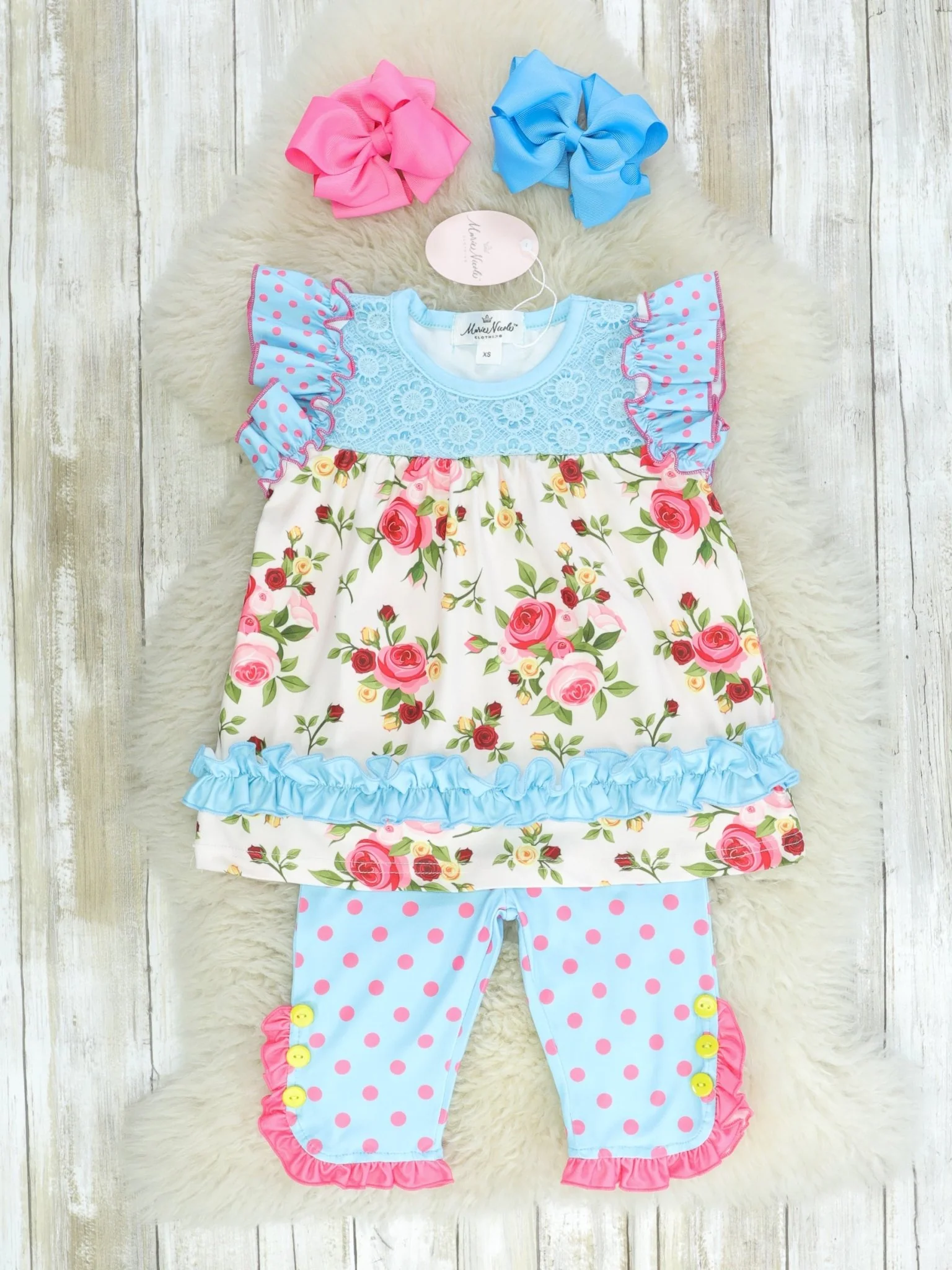 Blue & Pink Polka Dot Floral Ruffle Capris Outfit