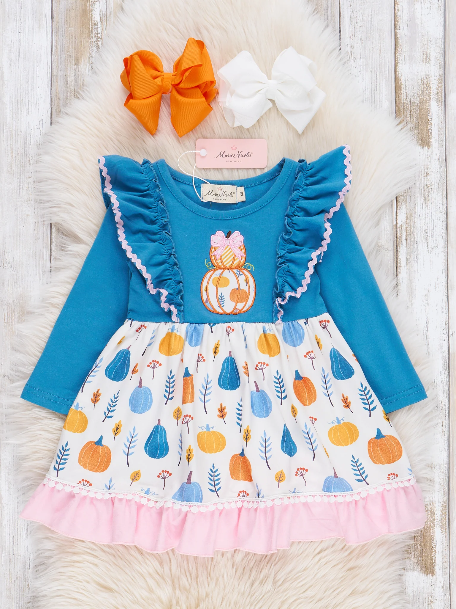 Blue & Pink Sweet Pumpkins Ruffle Dress