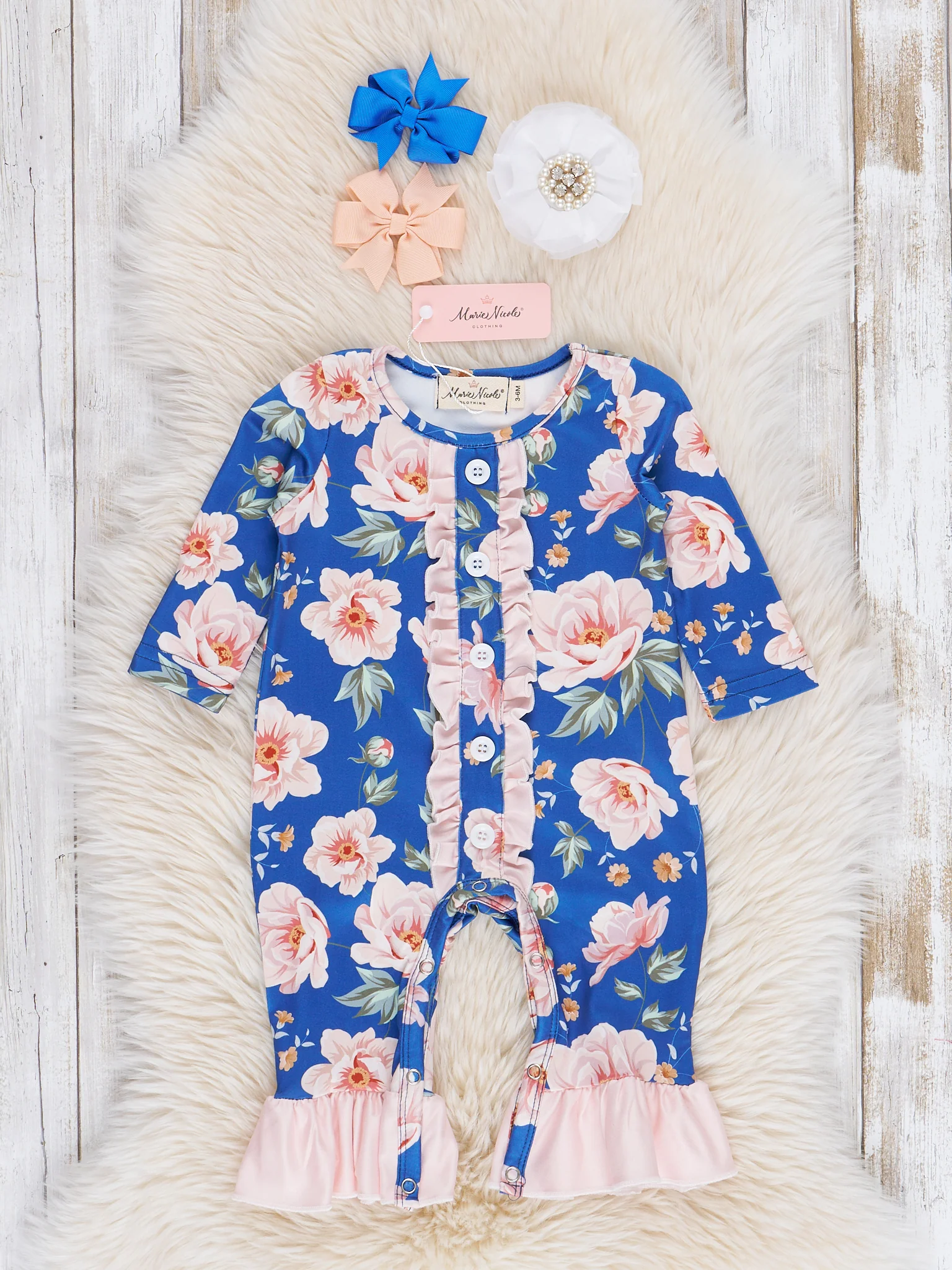 Blue & Pink Watercolor Roses Ruffle Romper