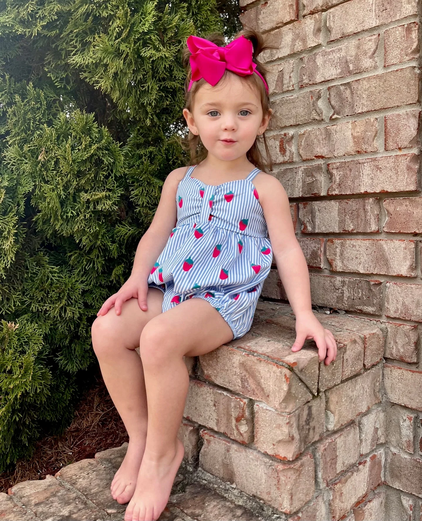 Blue Pinstripe Strawberry Ruffle Romper - Image 4