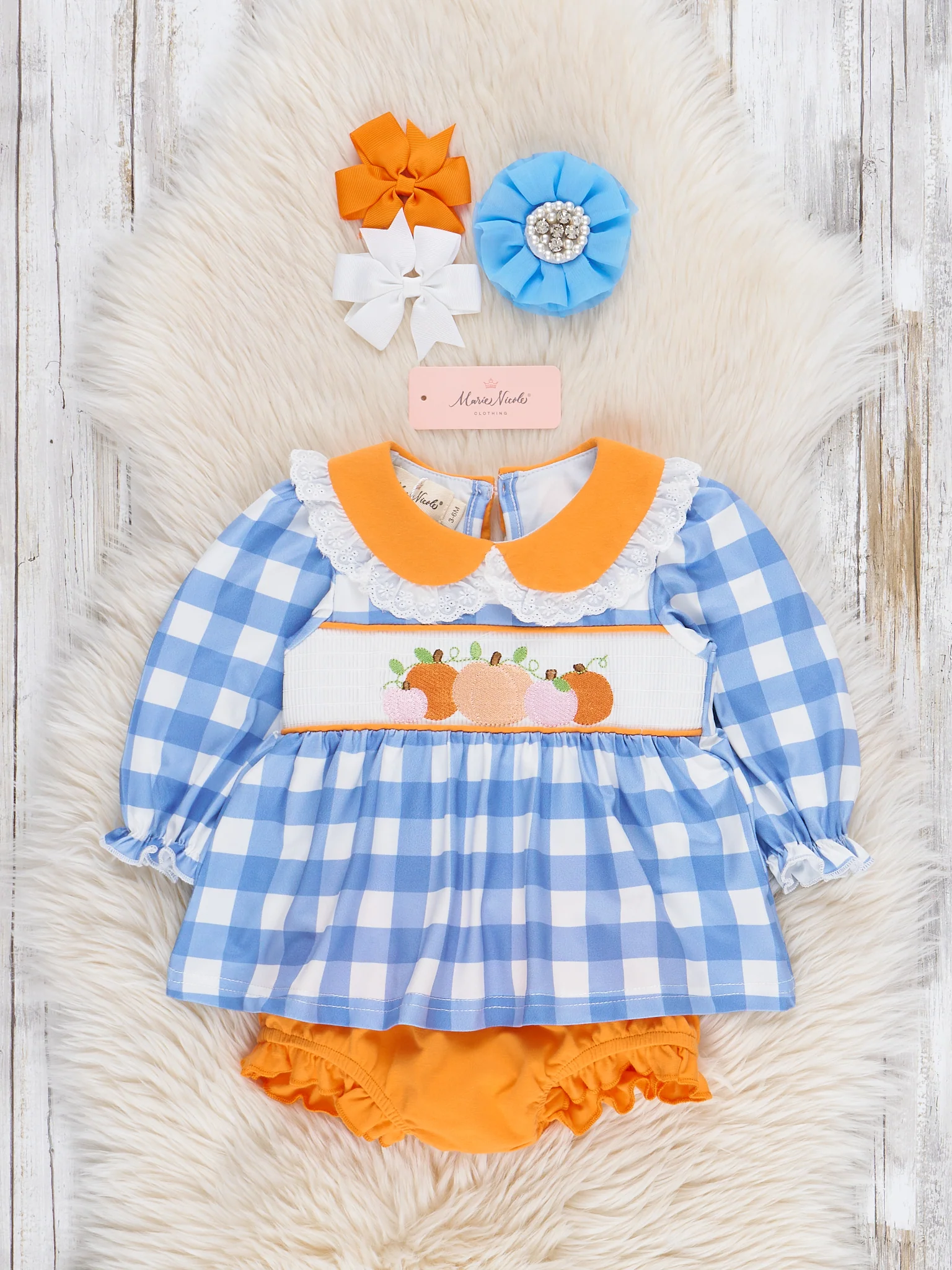 Blue Plaid & Pumpkin Smocked Bloomers Outfit