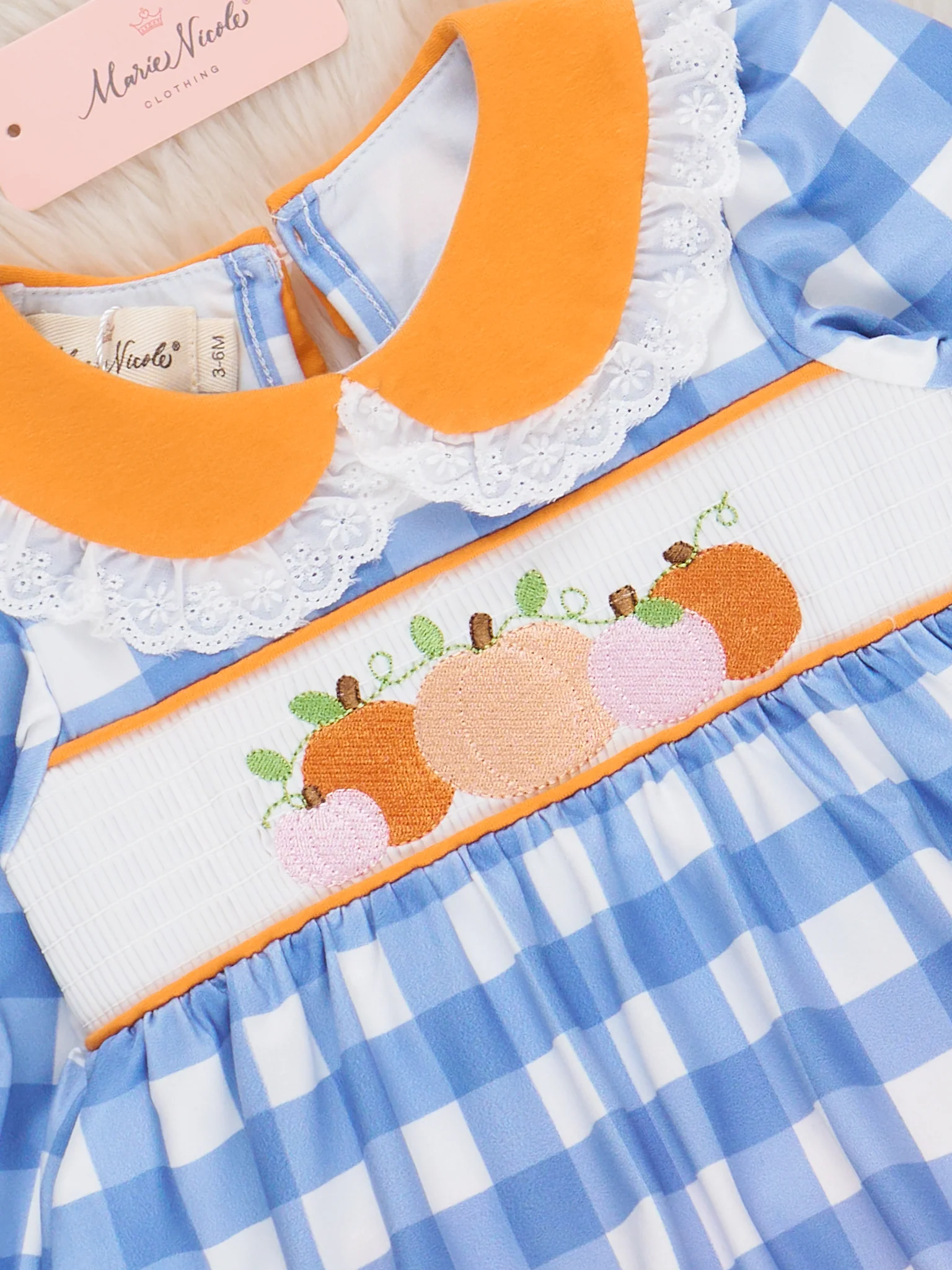 Blue Plaid & Pumpkin Smocked Bloomers Outfit - Image 3