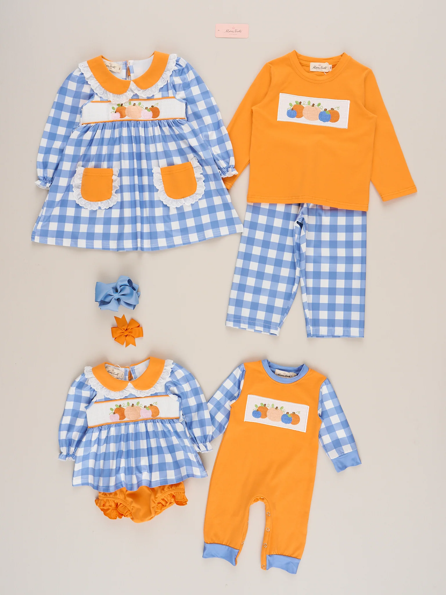 Blue Plaid & Pumpkin Smocked Bloomers Outfit - Image 4