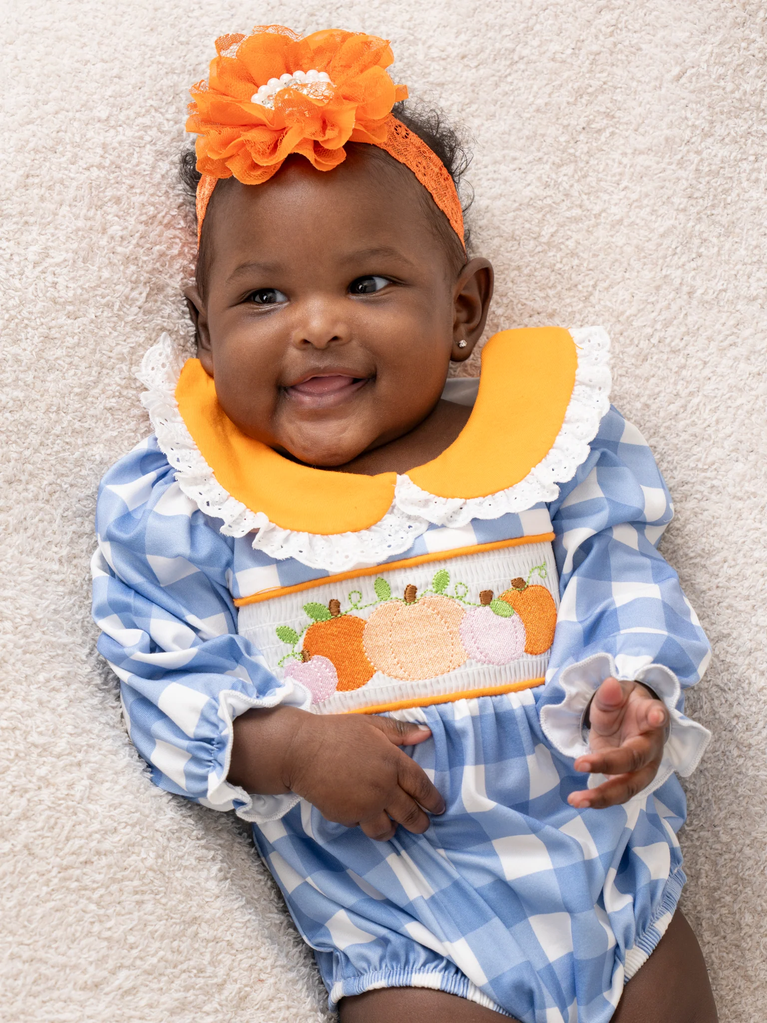 Blue Plaid & Pumpkin Smocked Bubble Romper