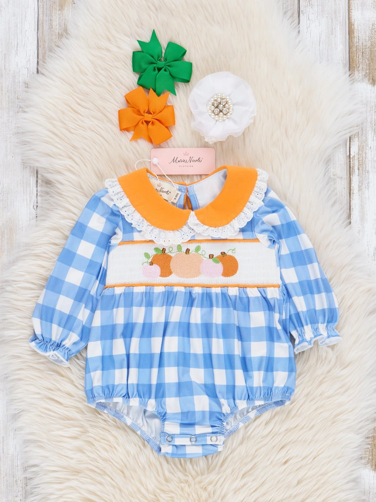 Blue Plaid & Pumpkin Smocked Bubble Romper - Image 2