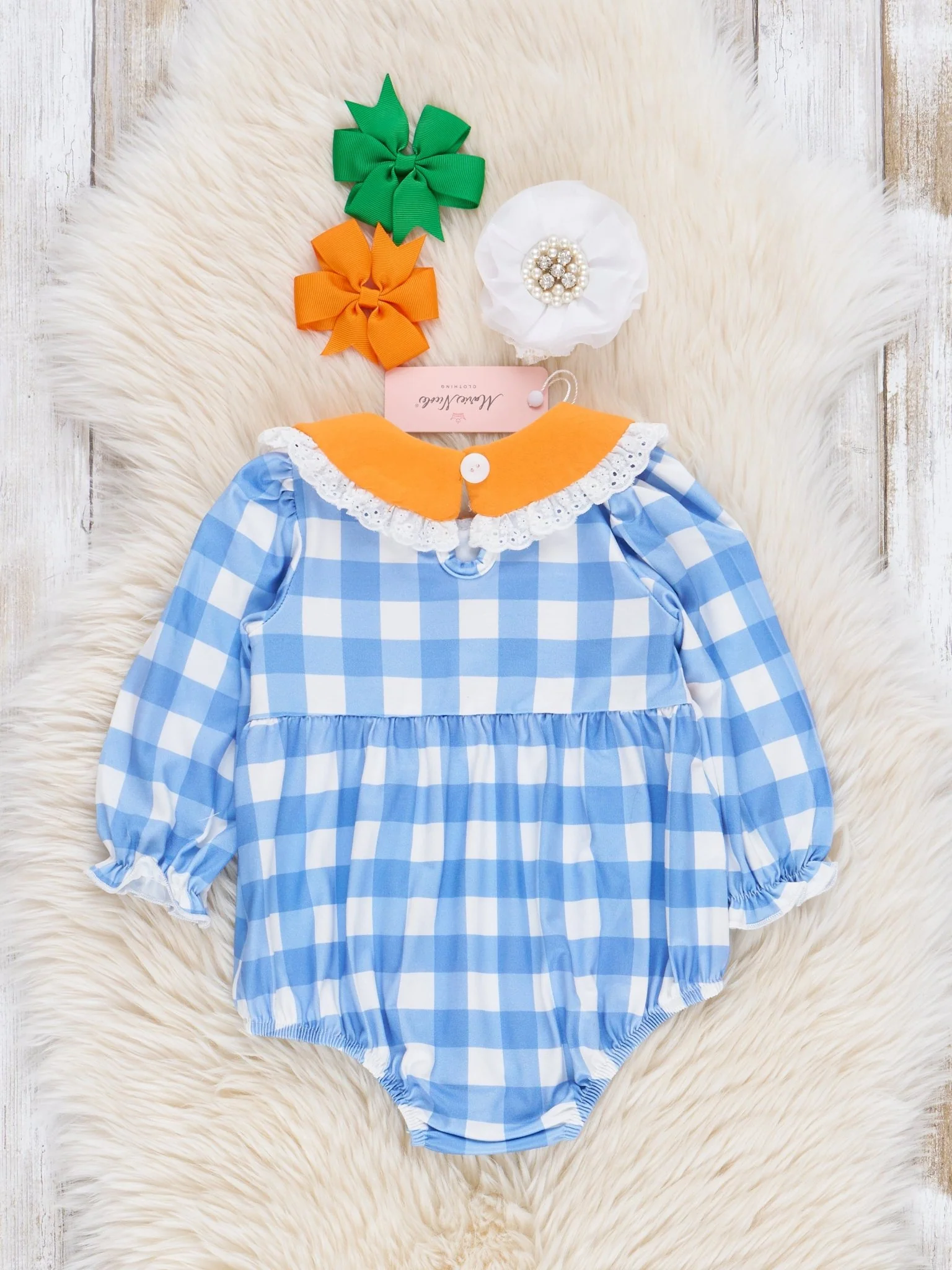 Blue Plaid & Pumpkin Smocked Bubble Romper - Image 3