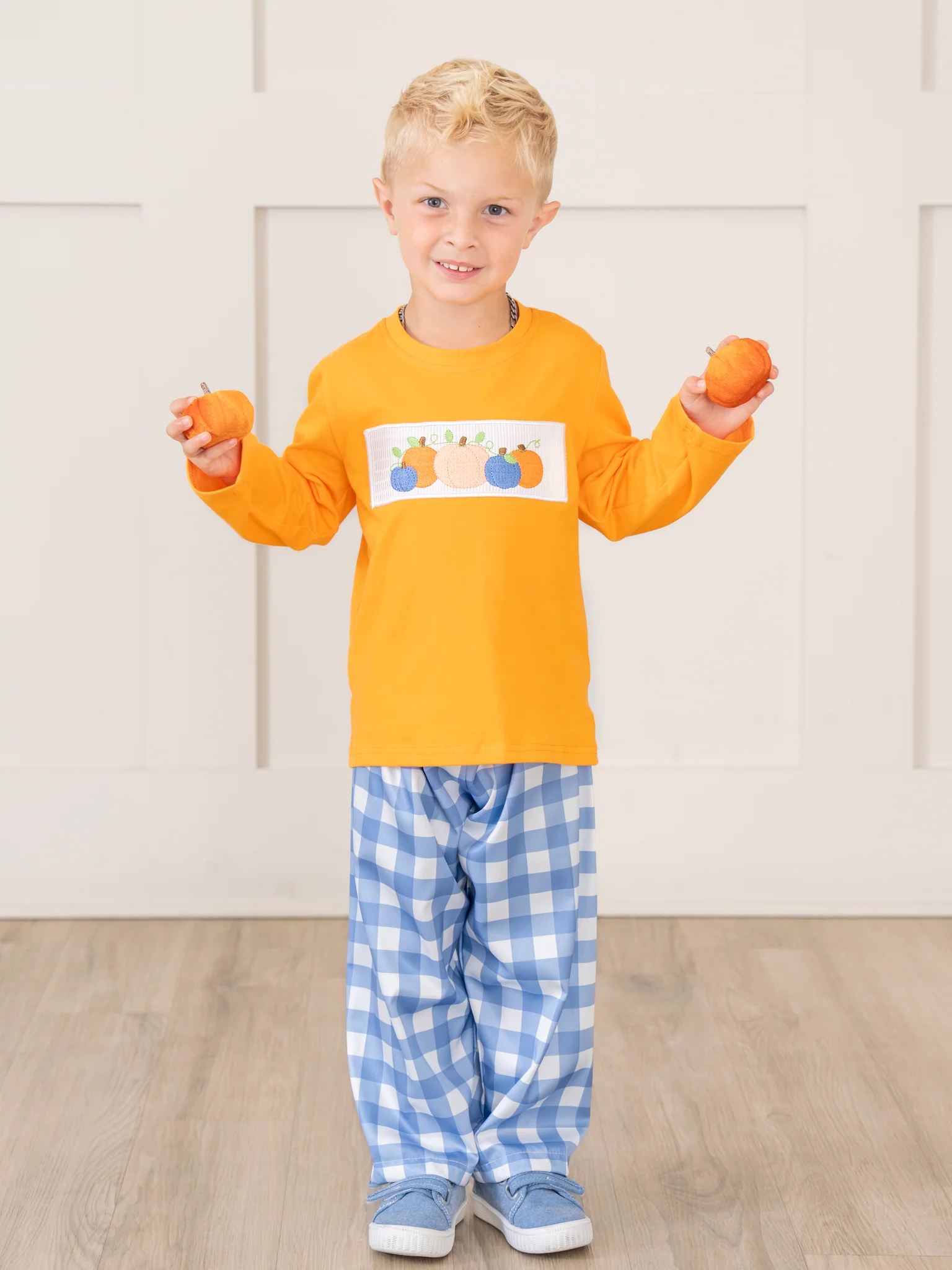 Blue Plaid & Pumpkin Smocked Outfit